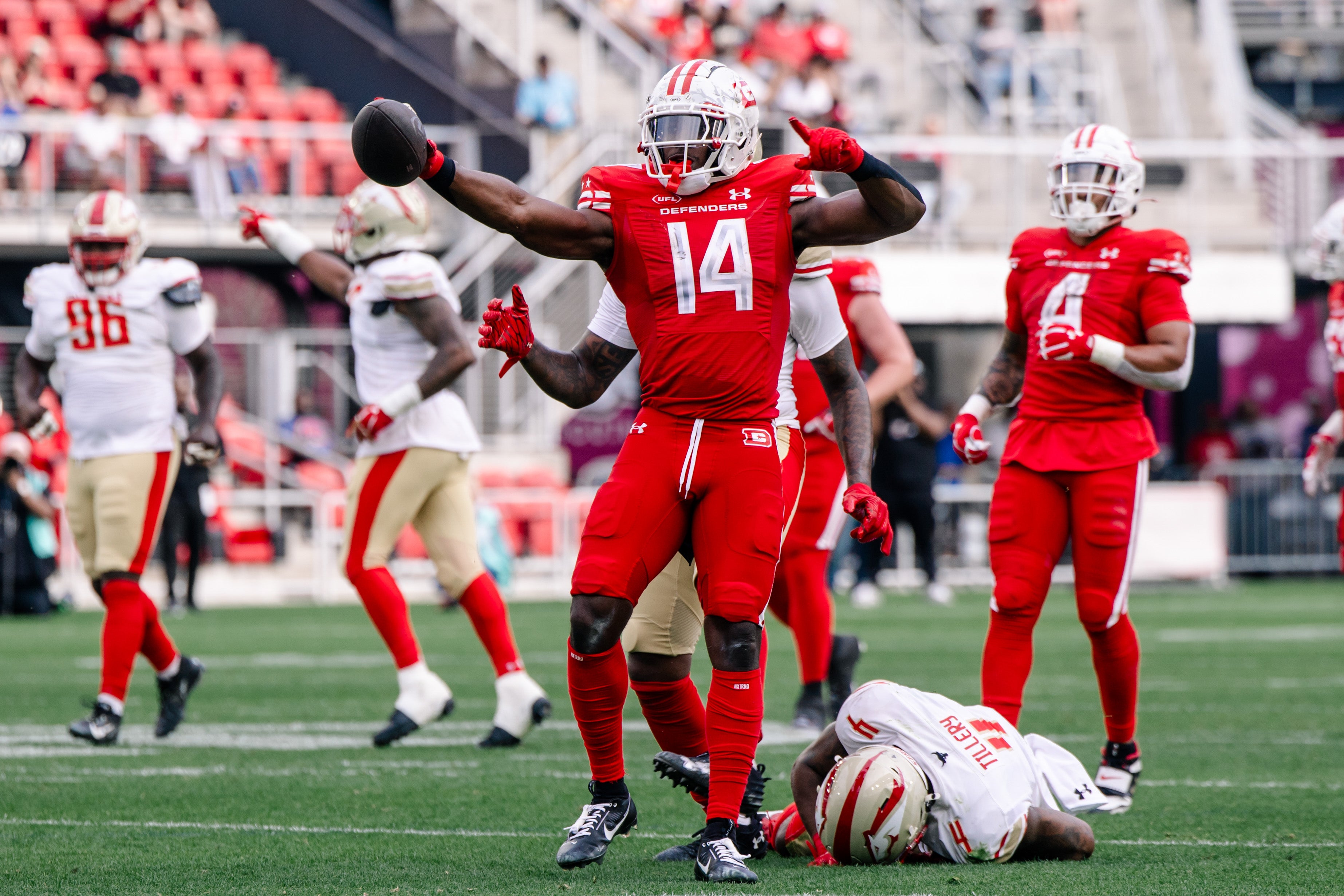 Mar 30, 2025; Washington, D.C., USA; DC Defenders wide receiver Cornell Powell (14) celebrates in the third quarter against the Birmingham Stallions at Audi Field.