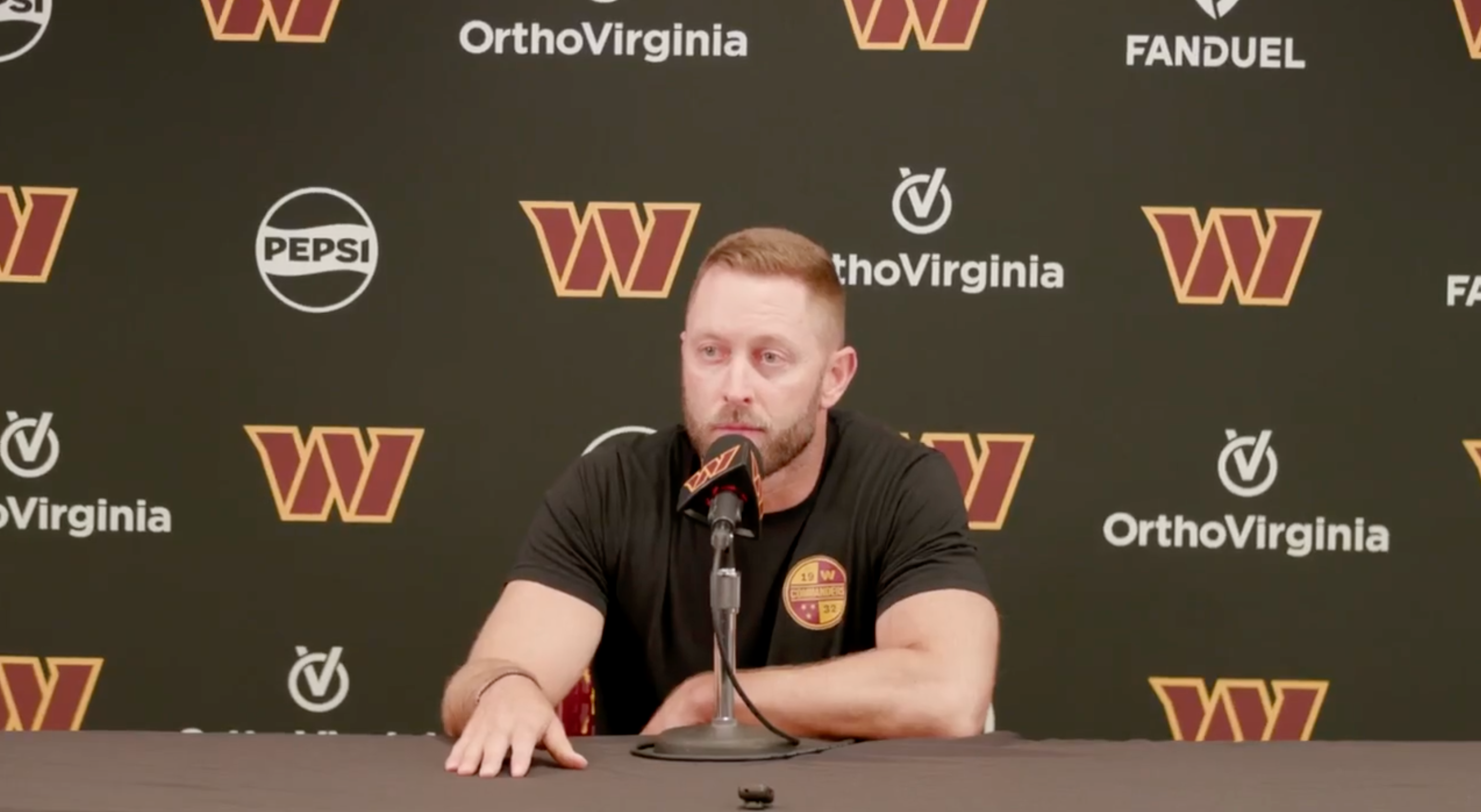 Commanders offensive coordinator Kliff Kingsbury speaks with the media during OTAs.