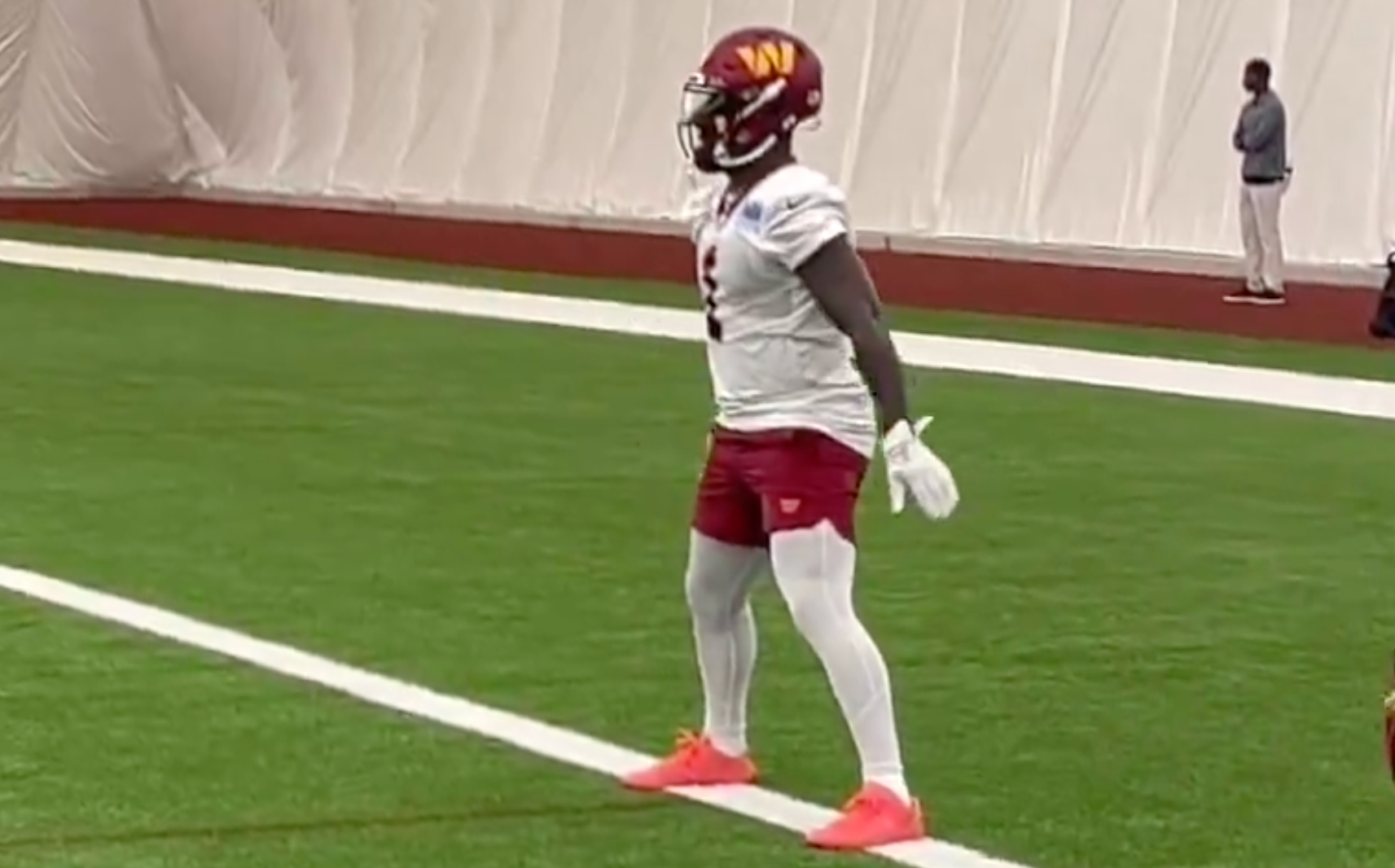 Deebo Samuel catches passes at Commanders OTAs.