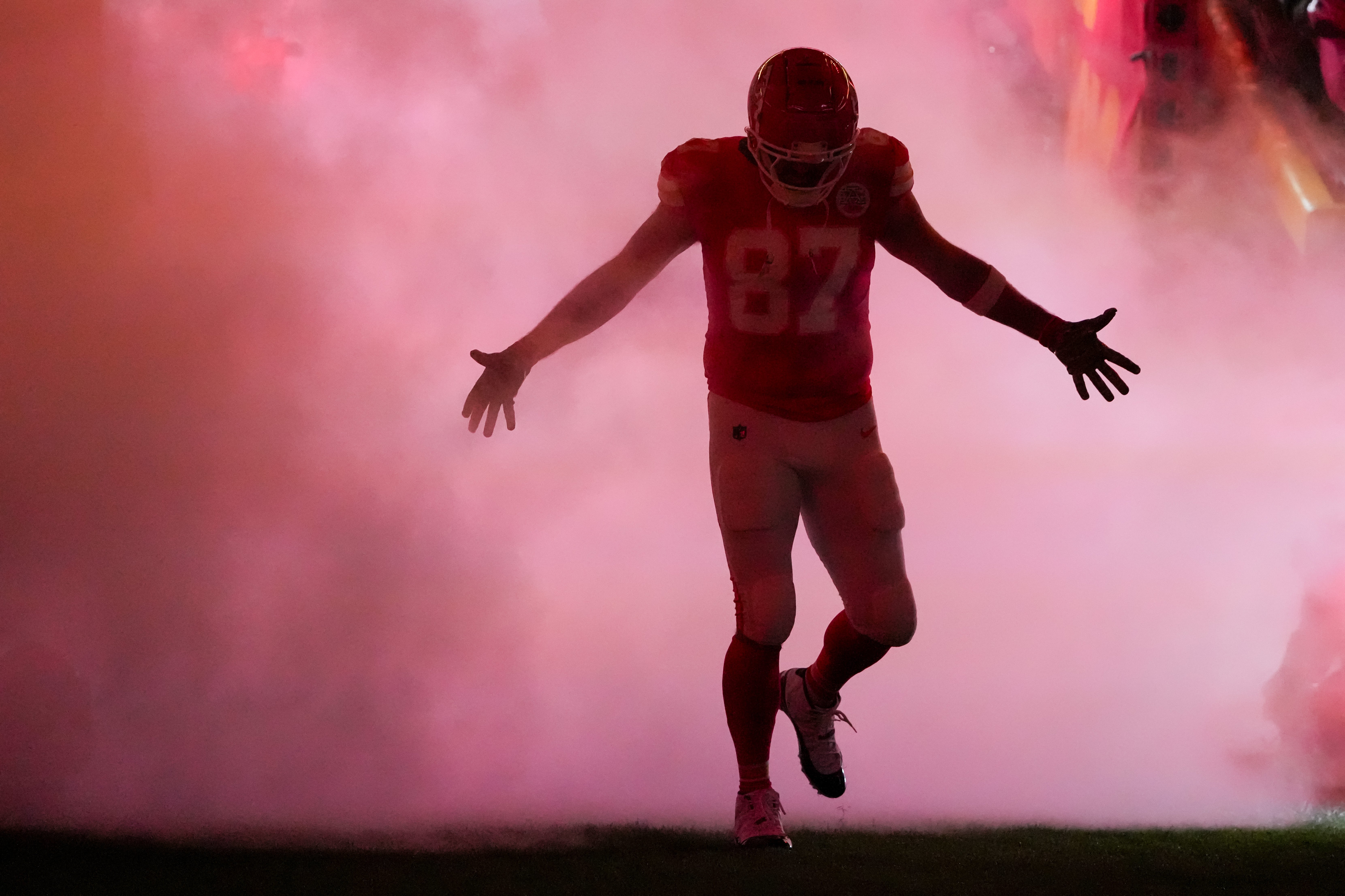 Nov 4, 2024; Kansas City, Missouri, USA; Kansas City Chiefs tight end Travis Kelce (87) is introduced against the Tampa Bay Buccaneers prior to a game at GEHA Field at Arrowhead Stadium.