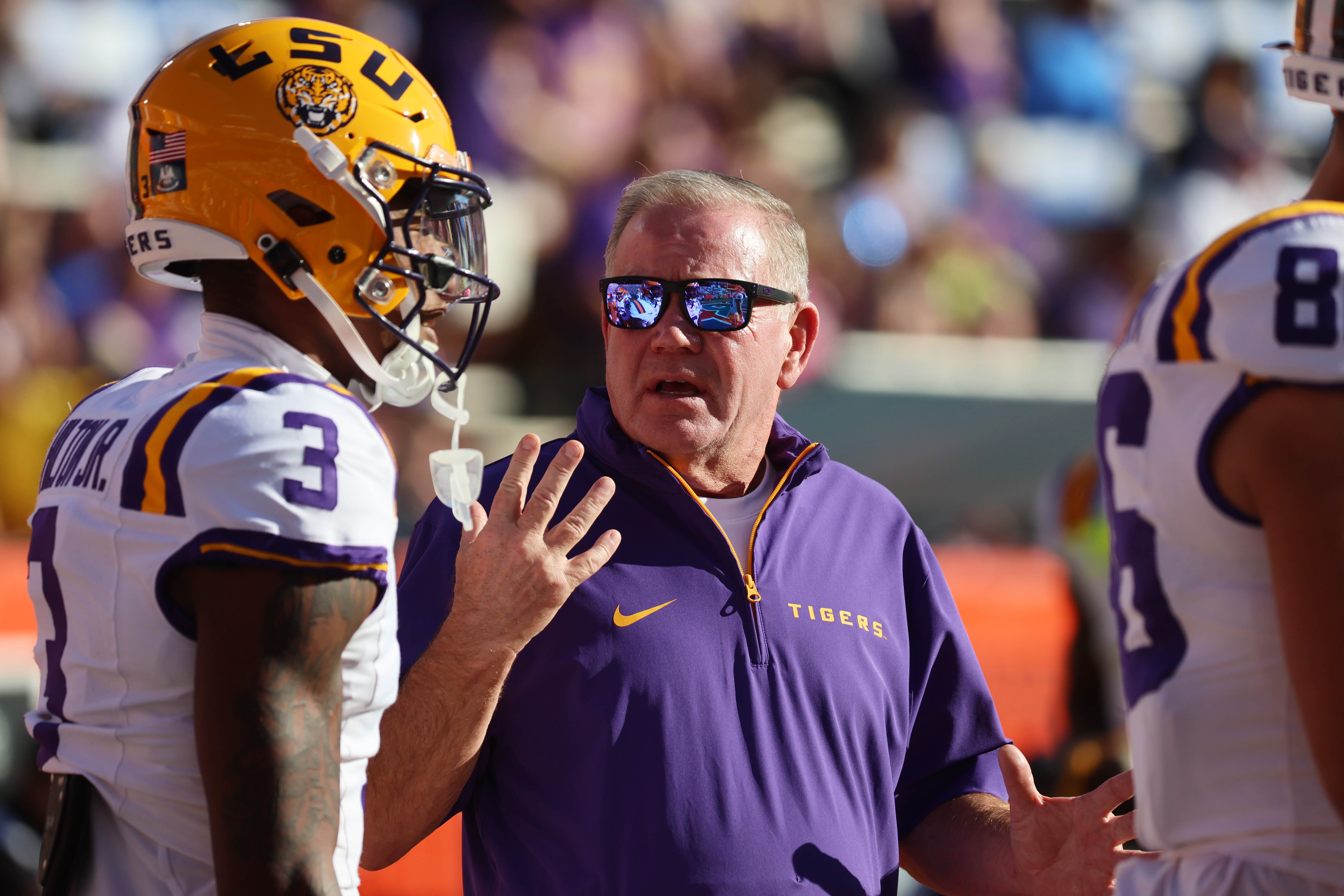 Nov 16, 2024; Gainesville, Florida, USA;LSU Tigers head coach Brian Kelly gestures prior to the game against the Florida Gators at Ben Hill Griffin Stadium.