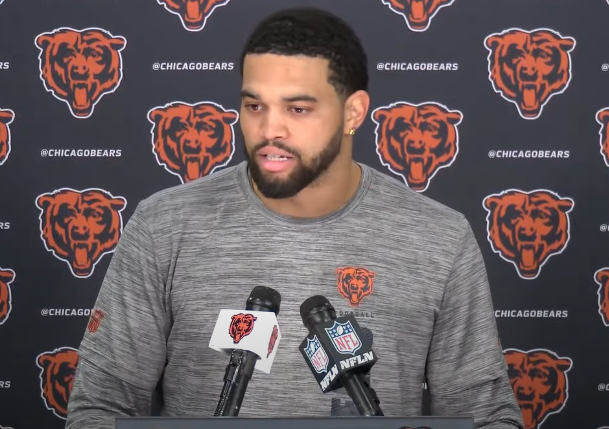 Caleb Williams speaks with reporters at Halas Hall.