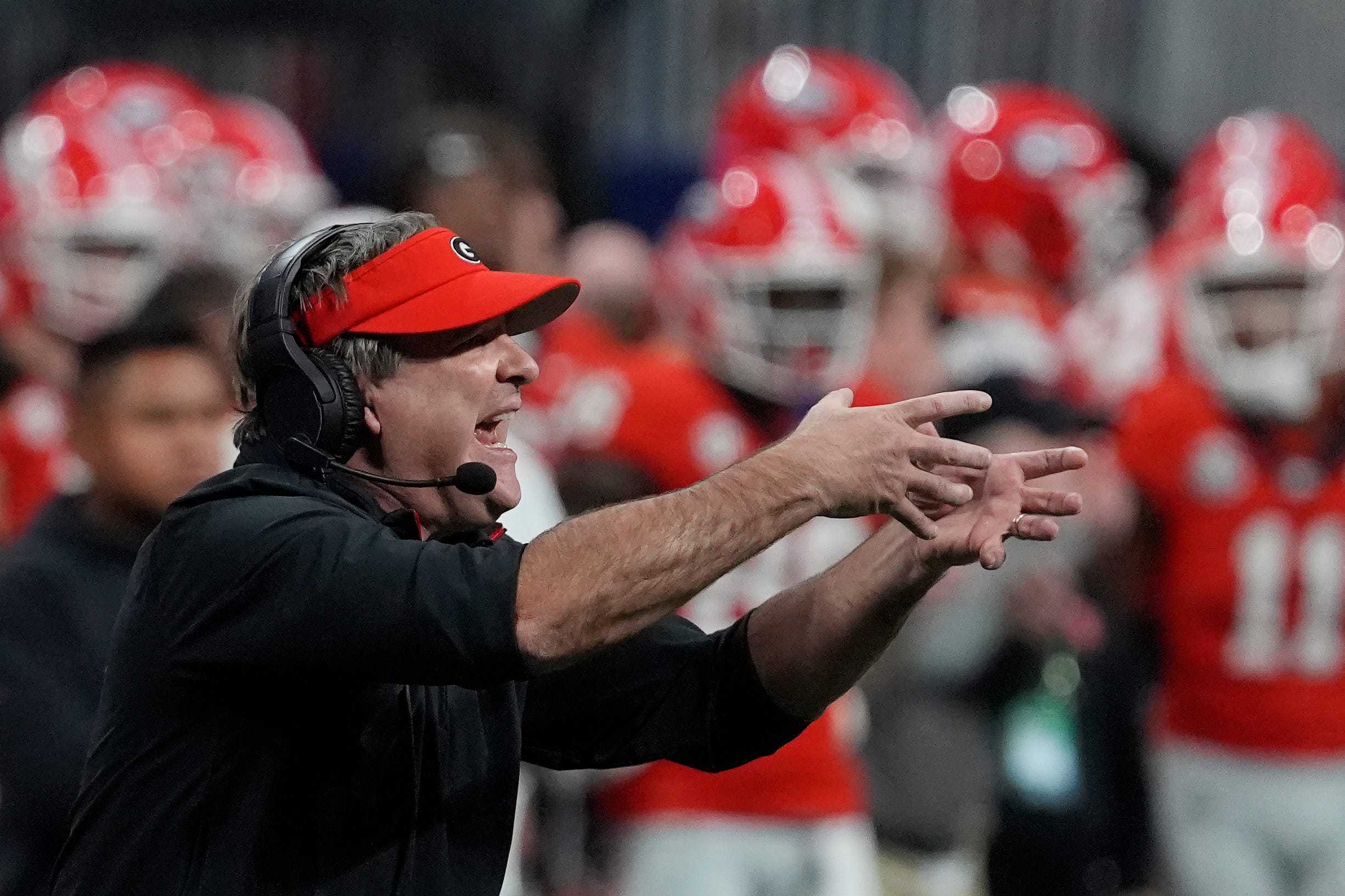Georgia coach Kirby Smart reacts during the second half of the SEC championship game against Texas in Atlanta, on Saturday, Dec. 7, 2024.