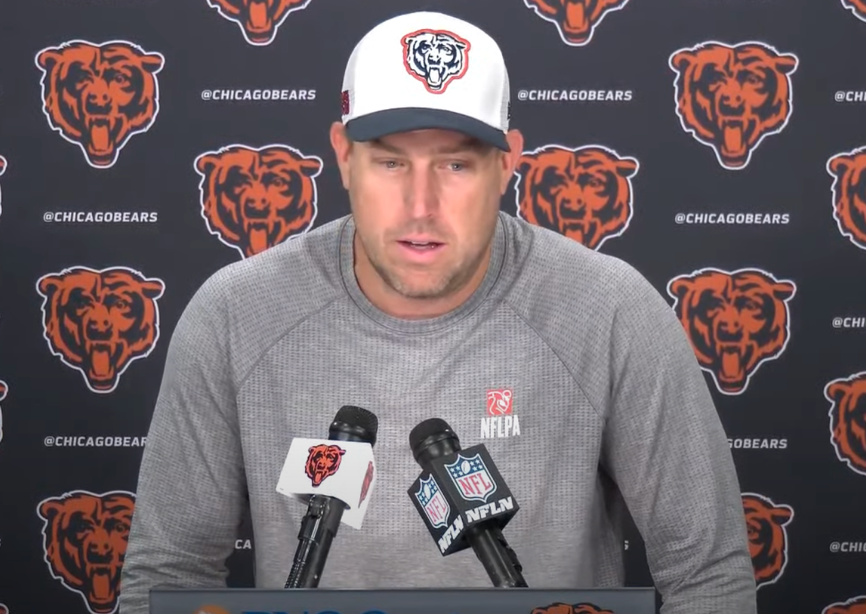 Case Keenum speaks with reporters at Halas Hall.