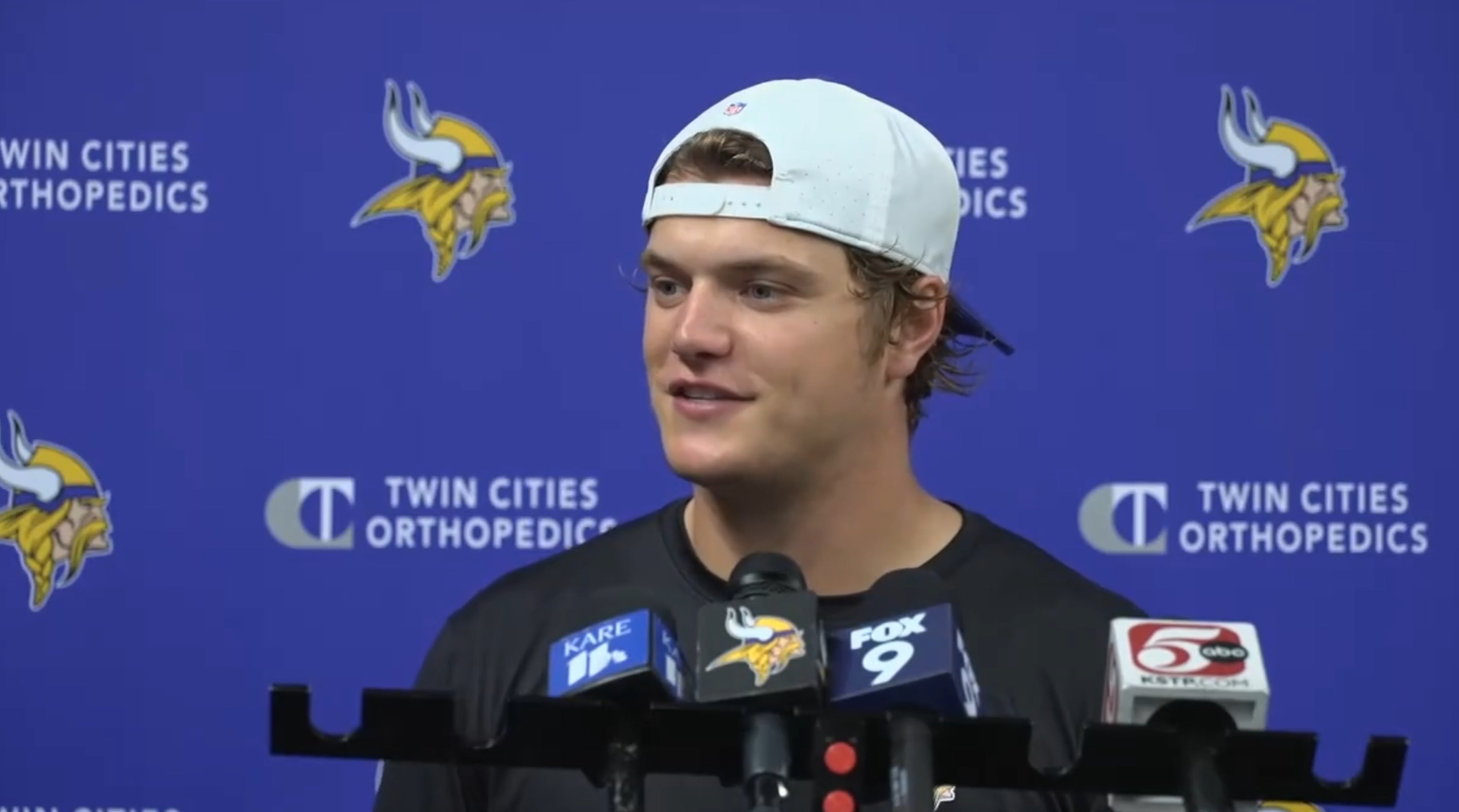 Minnesota Vikings quarterback J.J. McCarthy speaks to the media after OTAs on Wednesday, May 28th