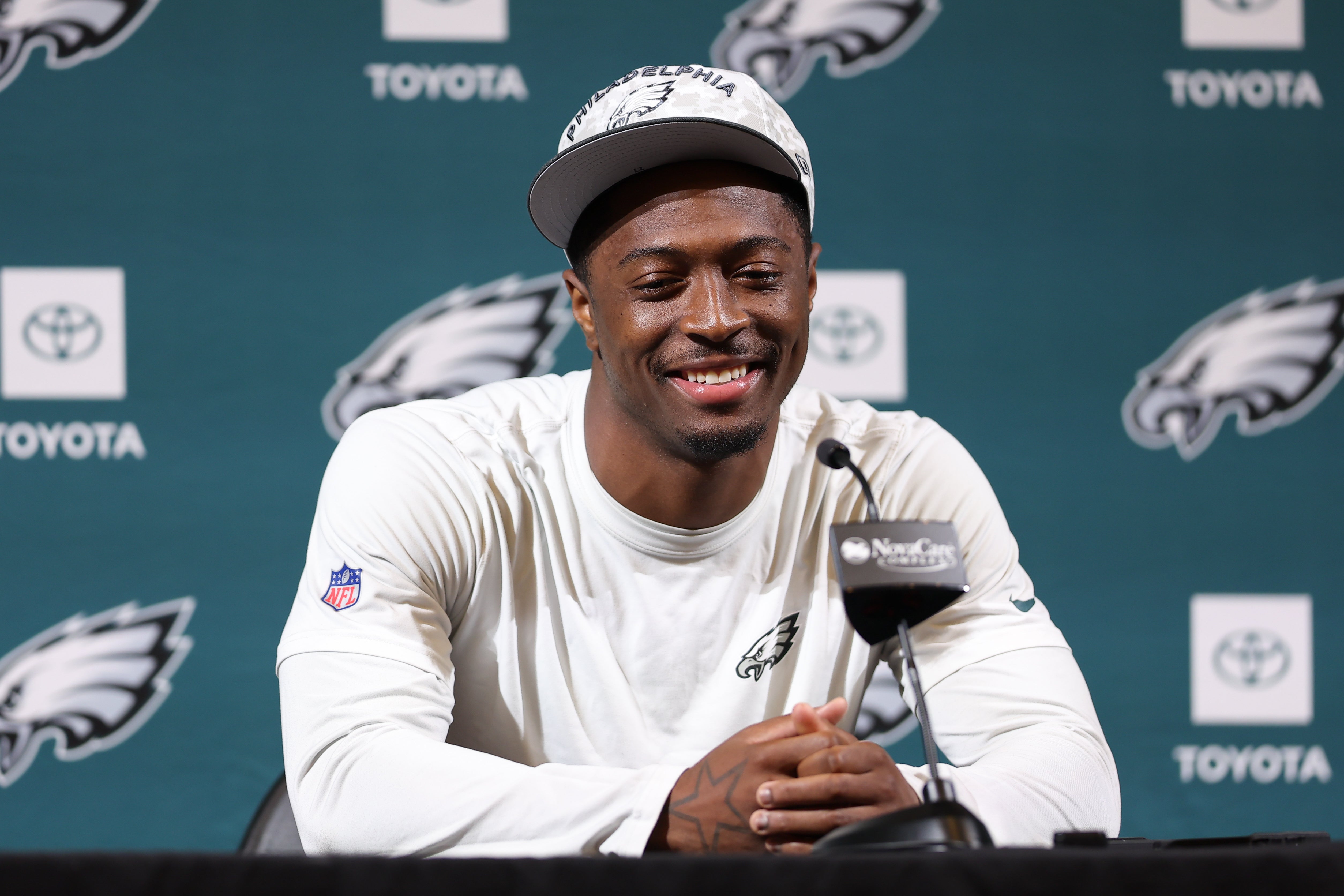 Philadelphia Eagles cornerback Quinyon Mitchell speaks with the media during OTAs at NovaCare Complex.