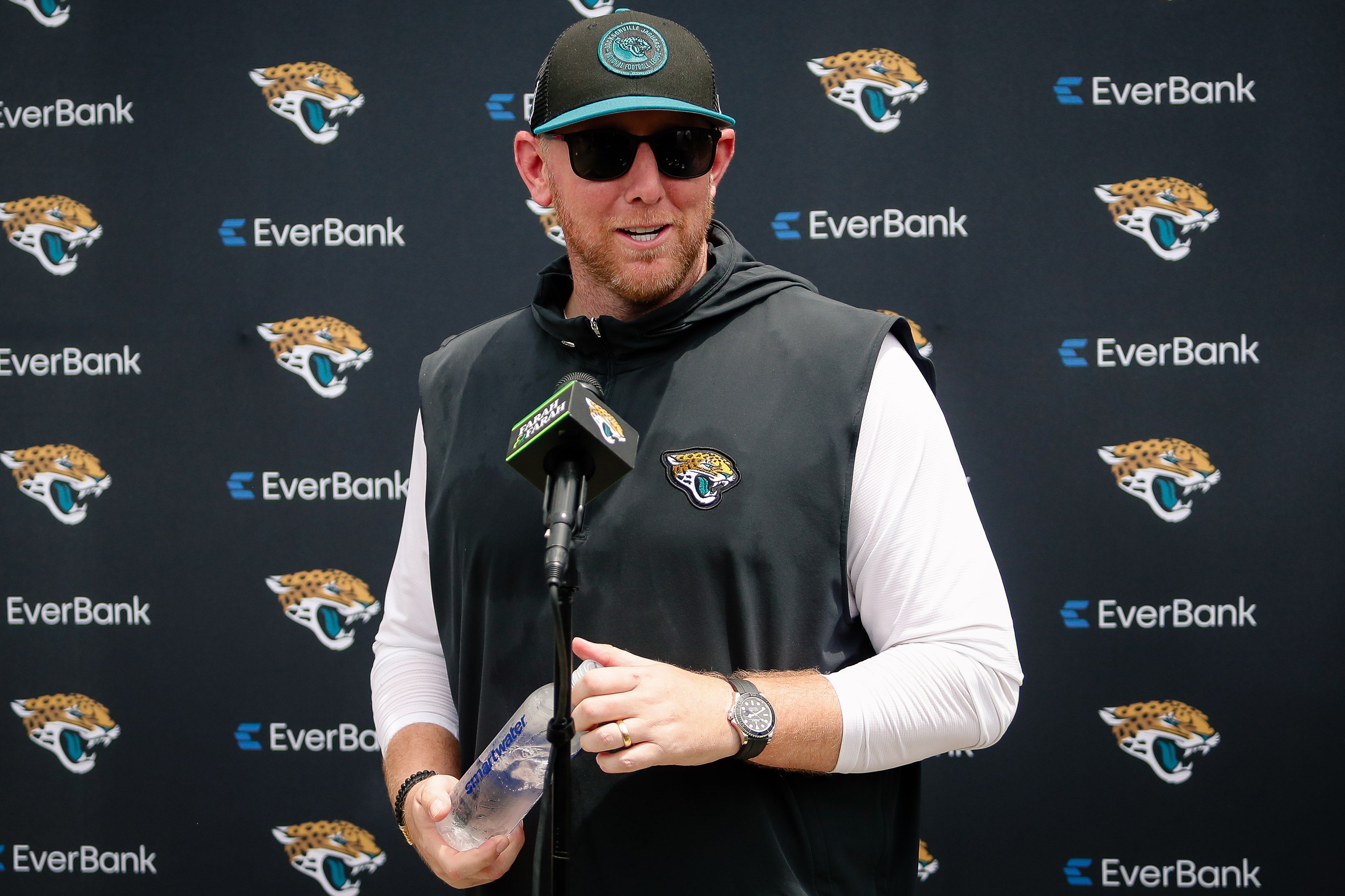 May 10, 2025; Jacksonville, FL, USA; Jacksonville Jaguars head coach Liam Coen meets with the media following rookie minicamp at Miller Electric Center.