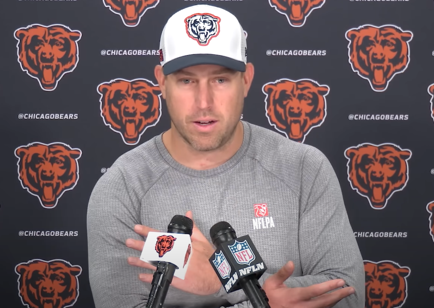 Case Keenum speaks with the Bears media at Halas Hall.