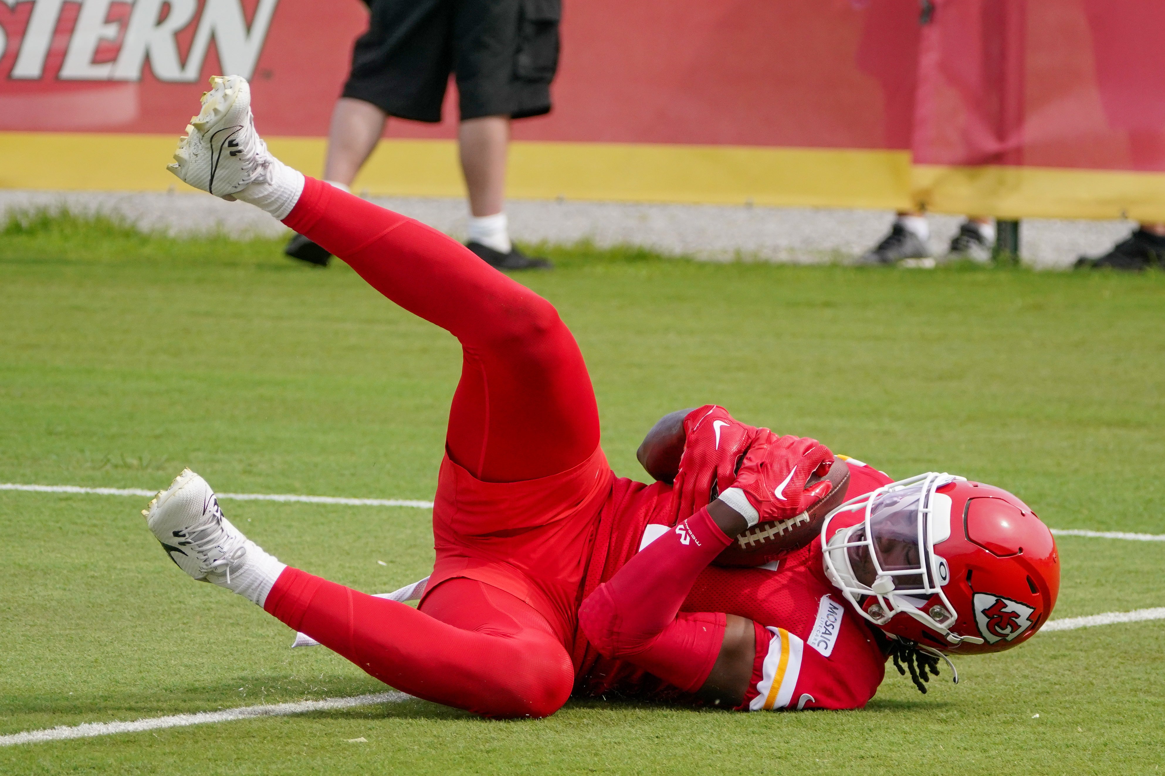 Jul 24, 2023; St. Joseph, MO, USA; Kansas City Chiefs wide receiver Rashee Rice (4) catches a pass for a touchdown during training camp at Missouri Western State University.