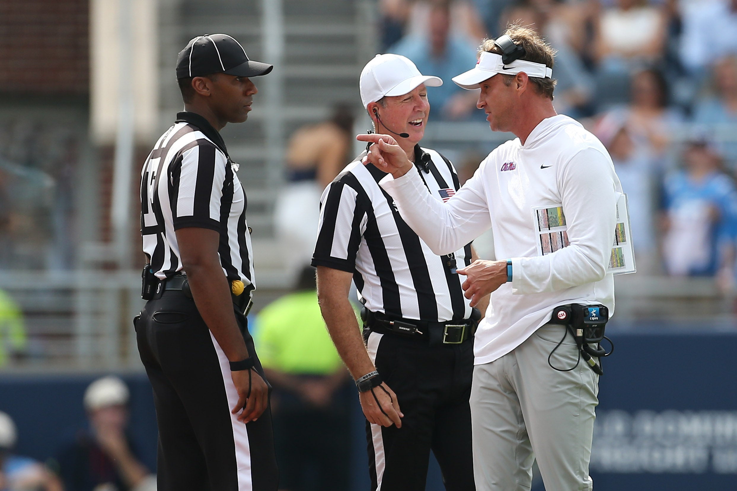 Oct 26, 2024; Oxford, Mississippi, USA; Mississippi Rebels head coach Lane Kiffin reacts toward officials during the second half against the Oklahoma Sooners at Vaught-Hemingway Stadium.