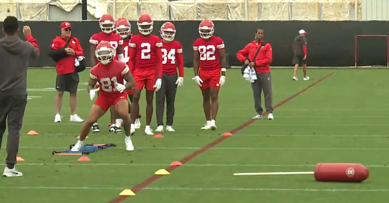 Chiefs WR Nikko Remigio runs a route during practice.