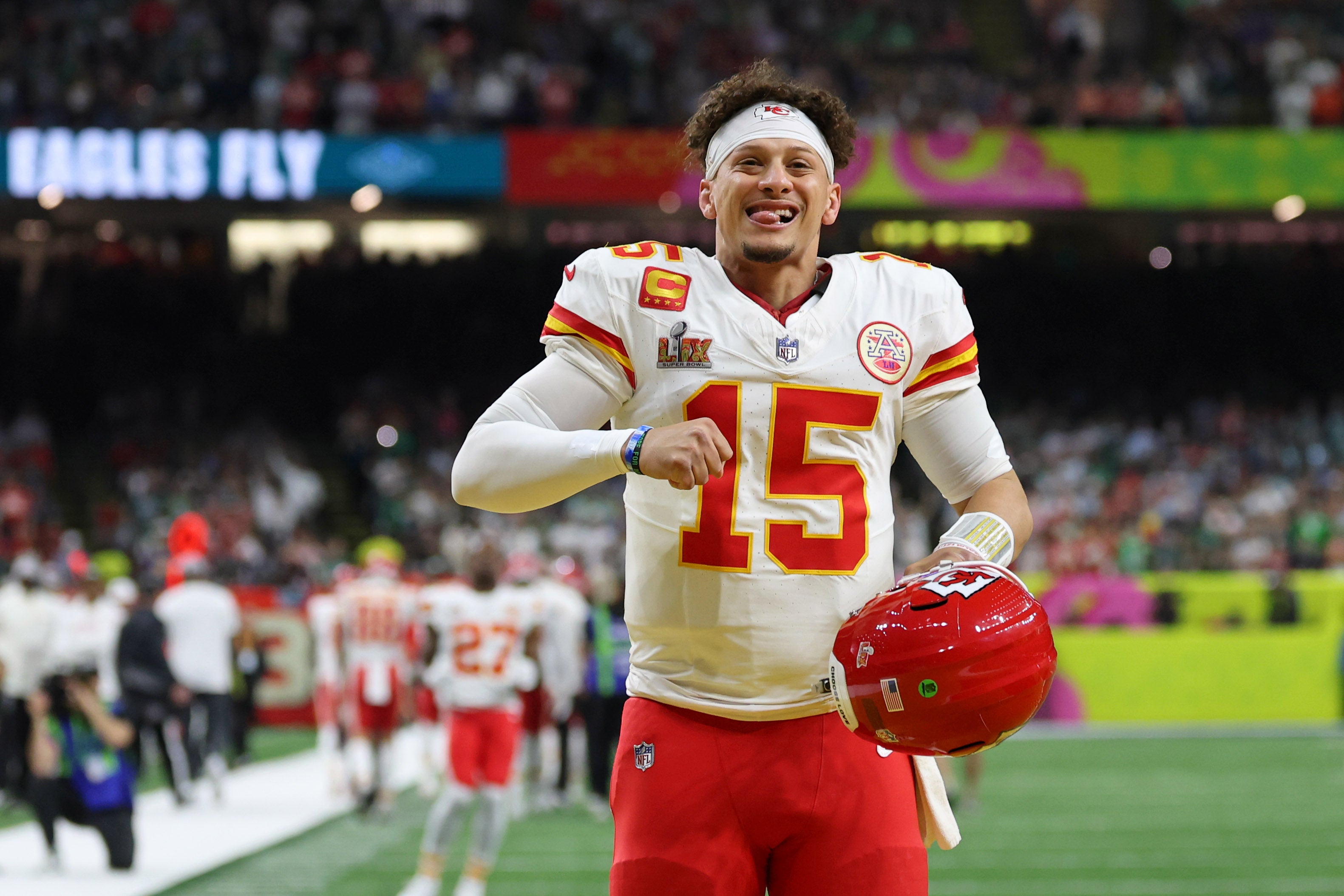 Feb 9, 2025; New Orleans, LA, USA; Kansas City Chiefs quarterback Patrick Mahomes (15) warms up before Super Bowl LIX between the Philadelphia Eagles and the Kansas City Chiefs at Caesars Superdome.