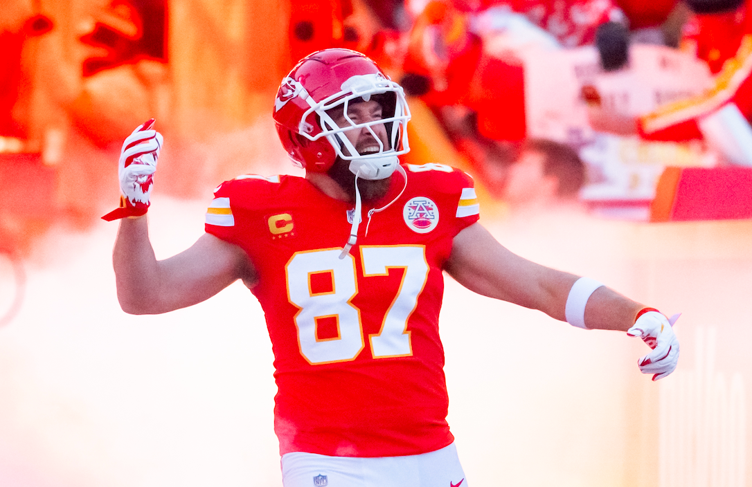 Jan 26, 2025; Kansas City, MO, USA; Kansas City Chiefs tight end Travis Kelce (87) reacts against the Buffalo Bills during the AFC Championship game at GEHA Field at Arrowhead Stadium.
