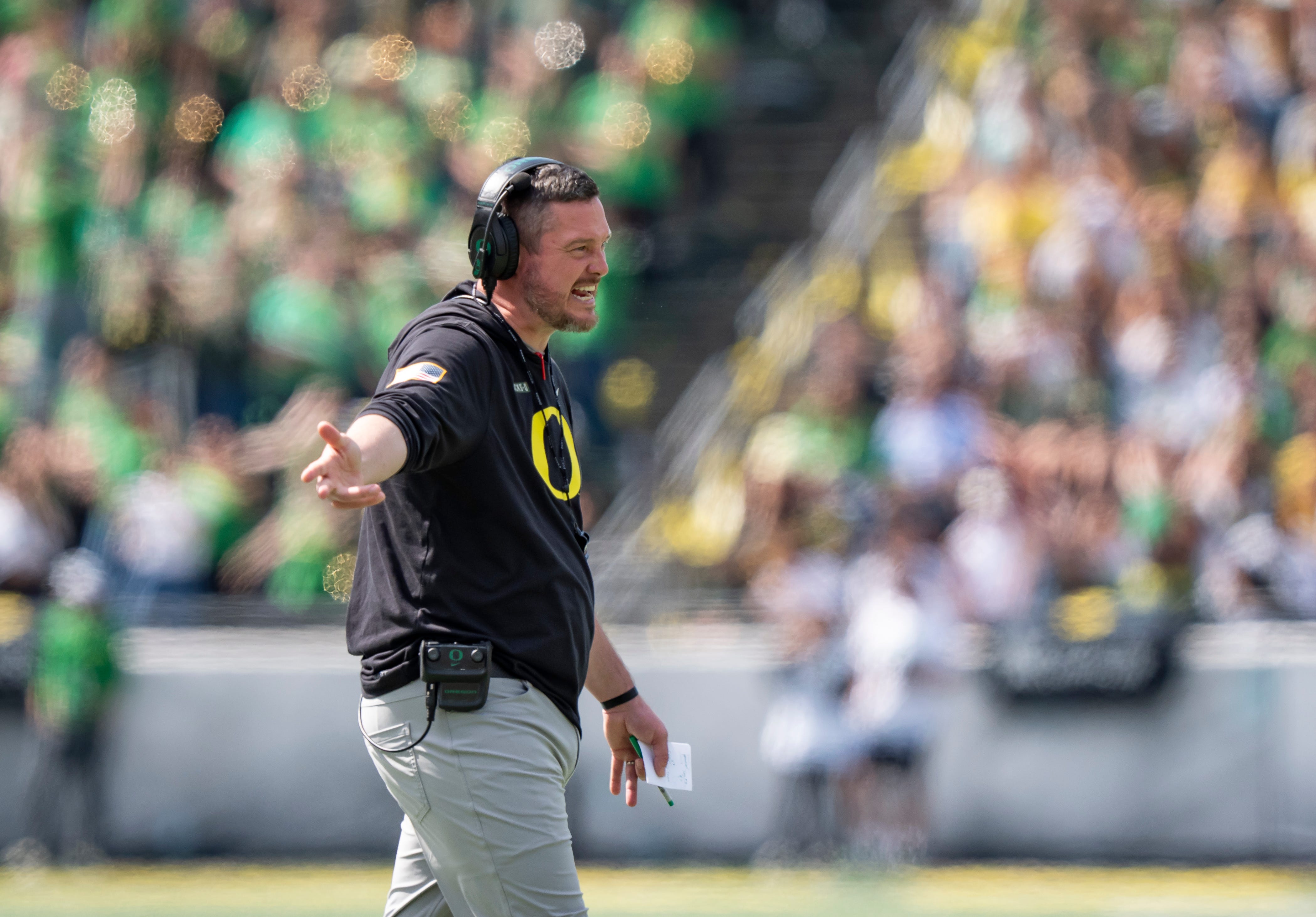 Oregon head coach Dan Lanning yells to the officials as the Fighting Ducks face off against Mighty Oregon in the Oregon Ducks spring game on April 26, 2025, at Autzen Stadium in Eugene.  