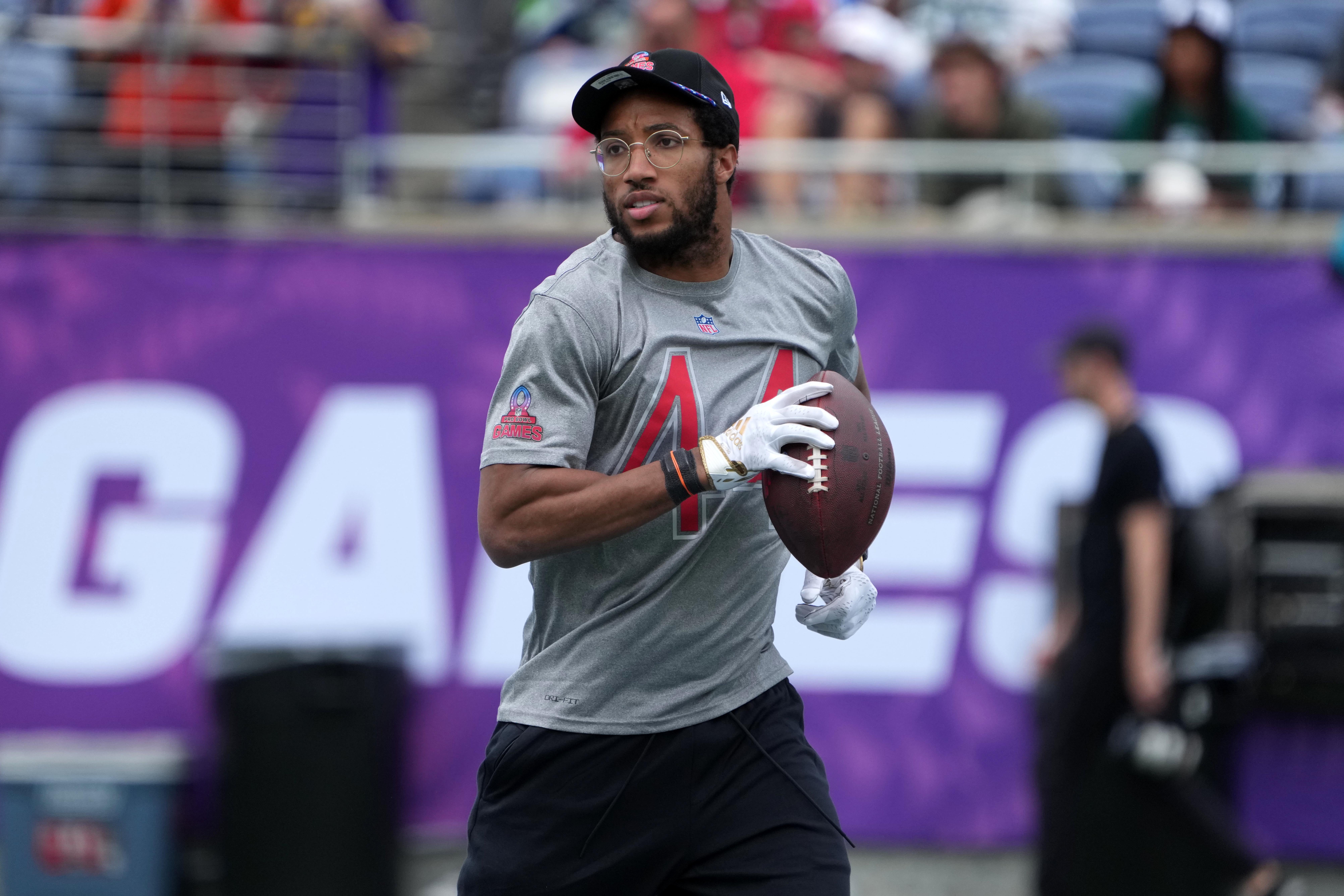 Feb 1, 2025; Orlando, FL, USA; Baltimore Ravens cornerback Marlon Humphrey (44) during AFC Practice for the Pro Bowl Games at Camping World Stadium.