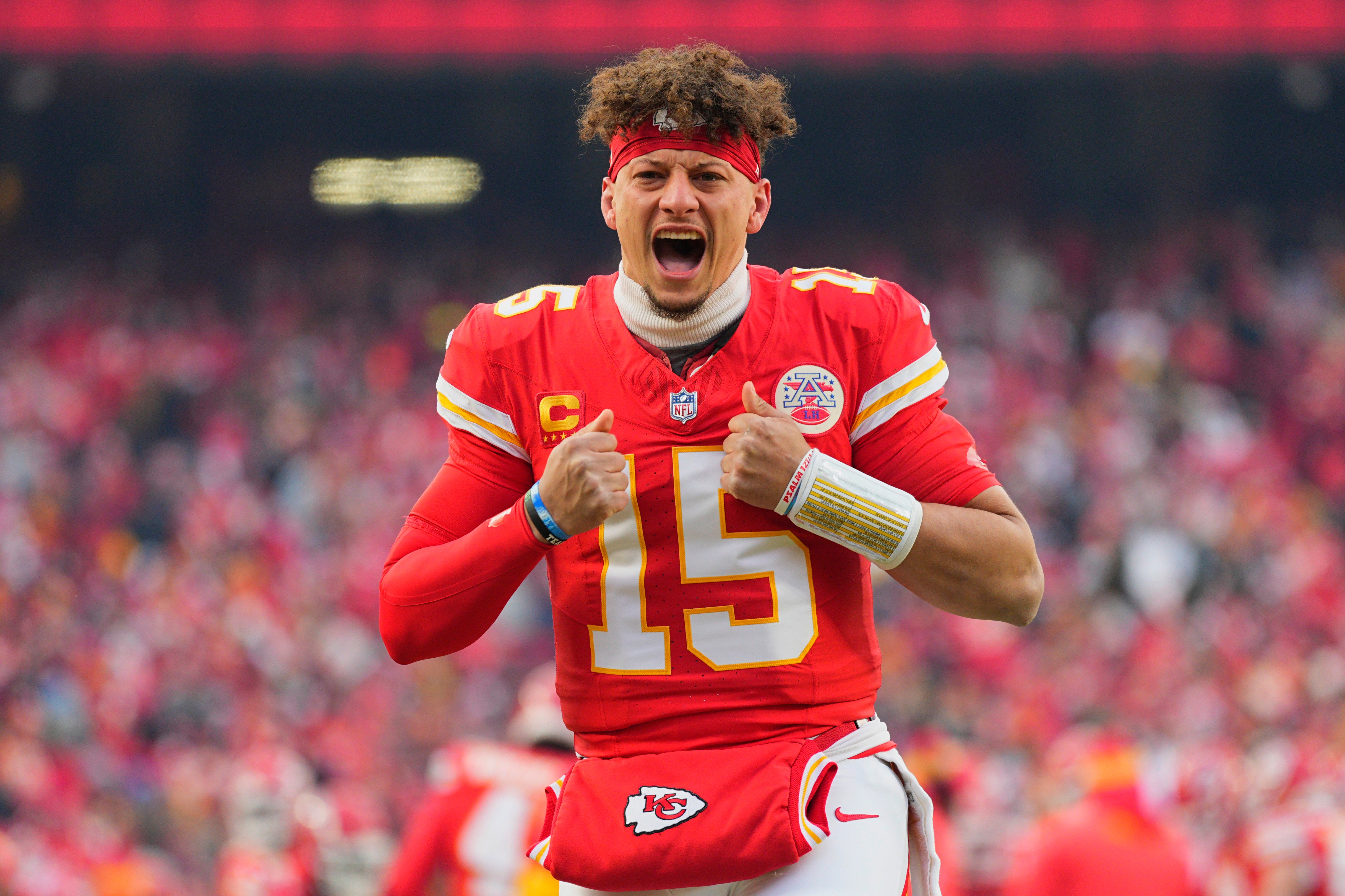 Kansas City Chiefs quarterback Patrick Mahomes (15) reacts before a 2025 AFC divisional round game against the Houston Texans at GEHA Field at Arrowhead Stadium.