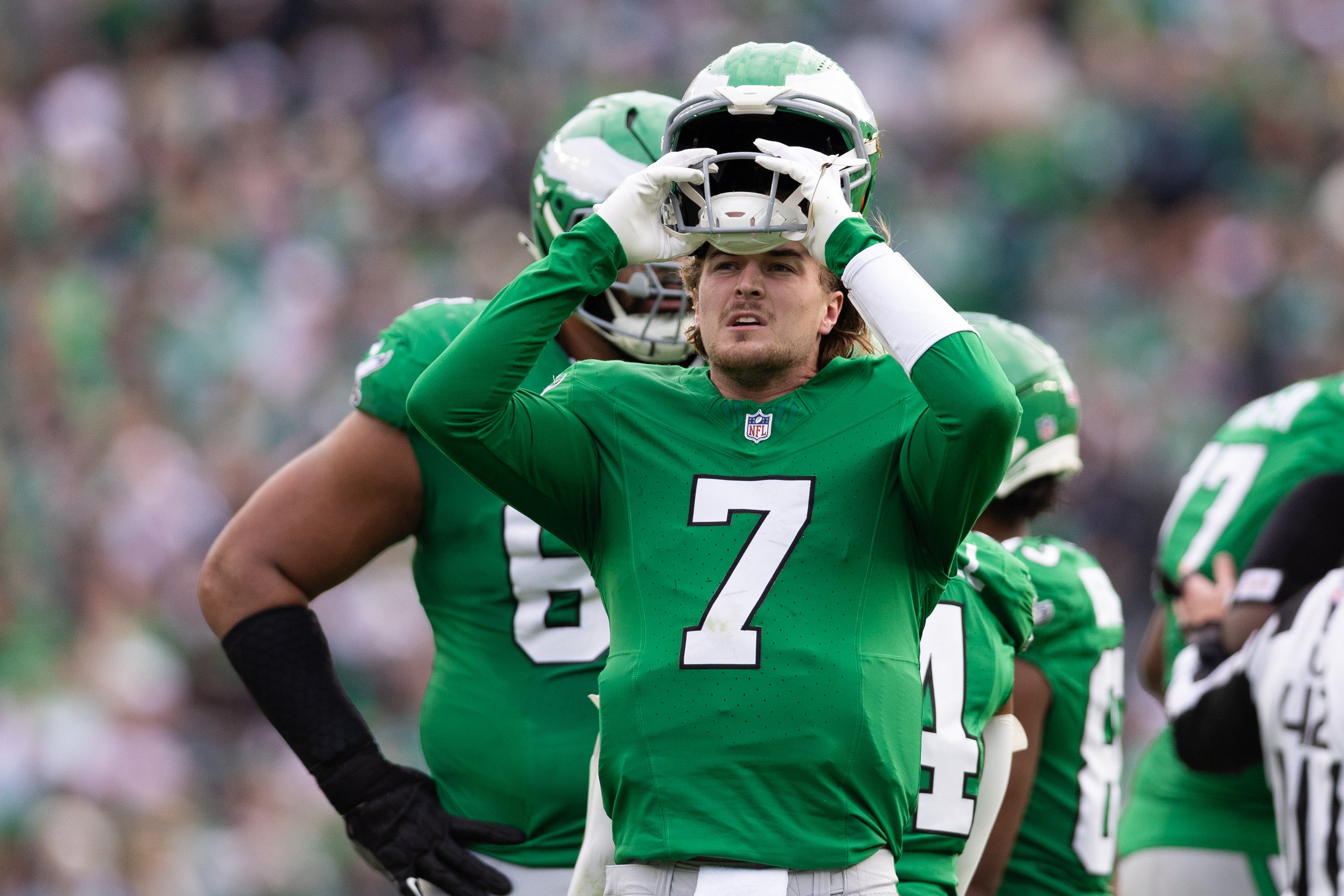 Philadelphia Eagles quarterback Kenny Pickett (7) looks on during the second quarter against the Dallas Cowboys at Lincoln Financial Field.