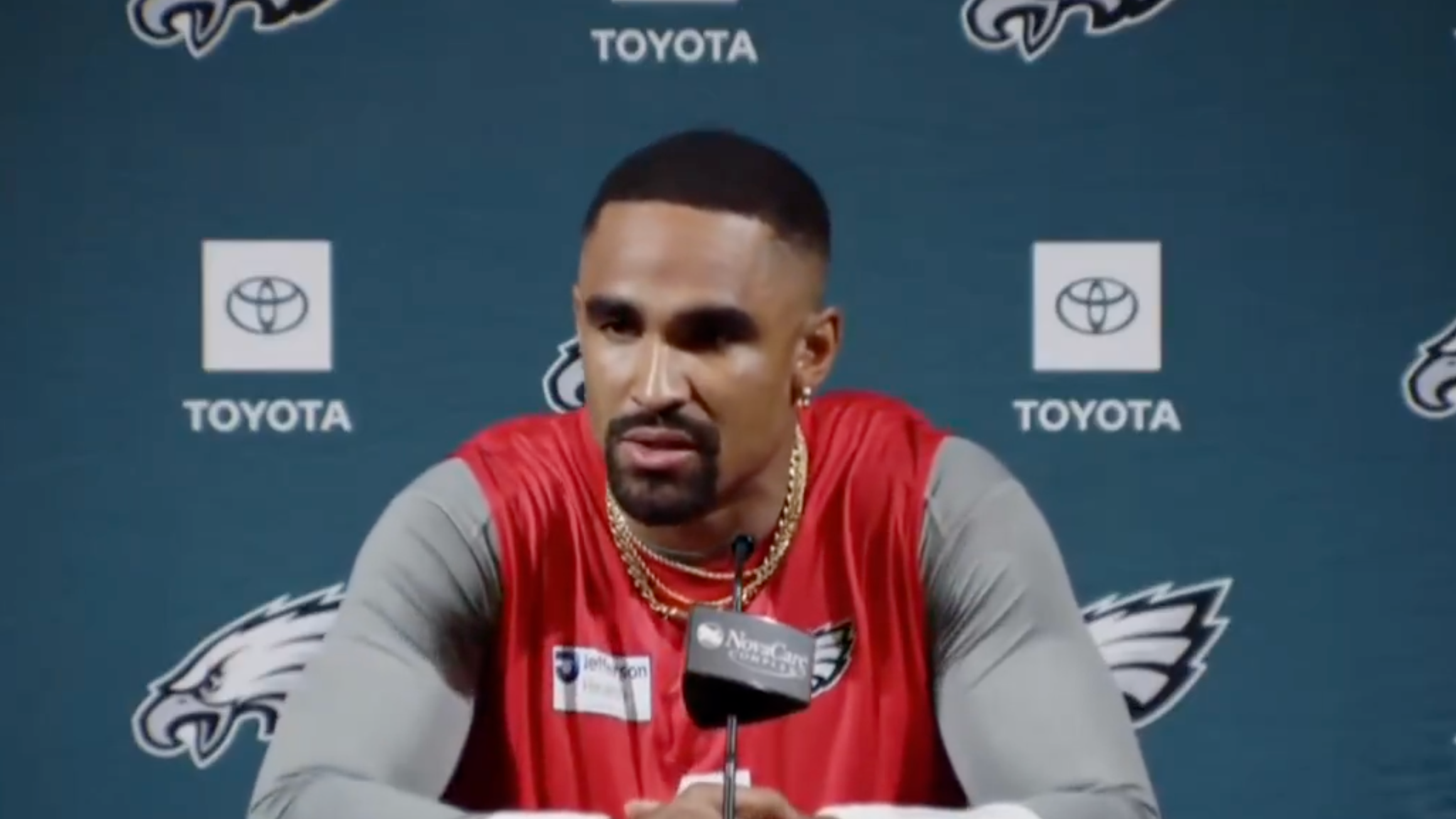 Philadelphia Eagles quarterback Jalen Hurts speaks to media during OTAs.