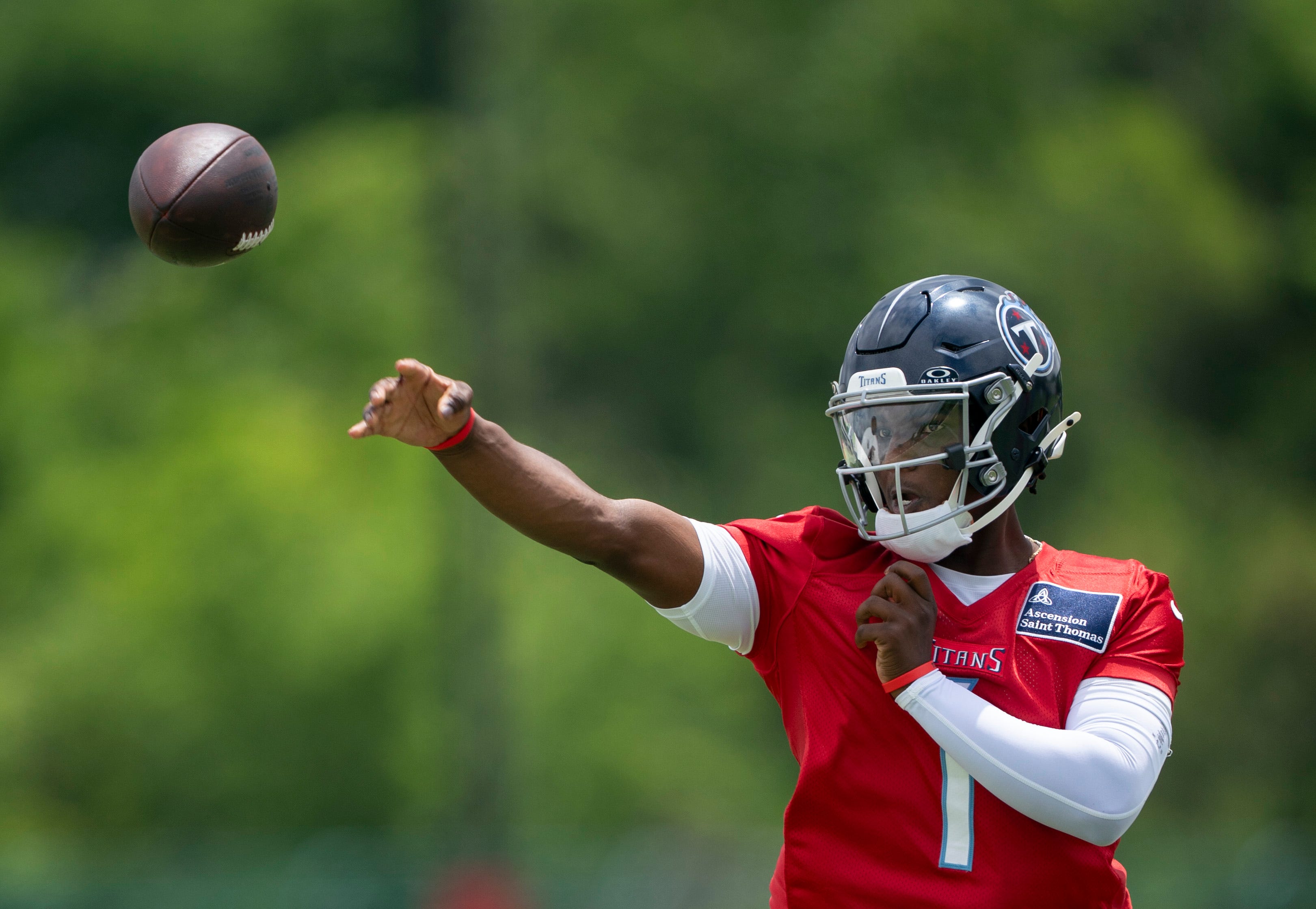 Tennessee Titans quarterback Cam Ward (1) throws in drills during OTAs at Ascension Saint Thomas Sports Park in Nashville, Tenn., Wednesday, May 28, 2025.