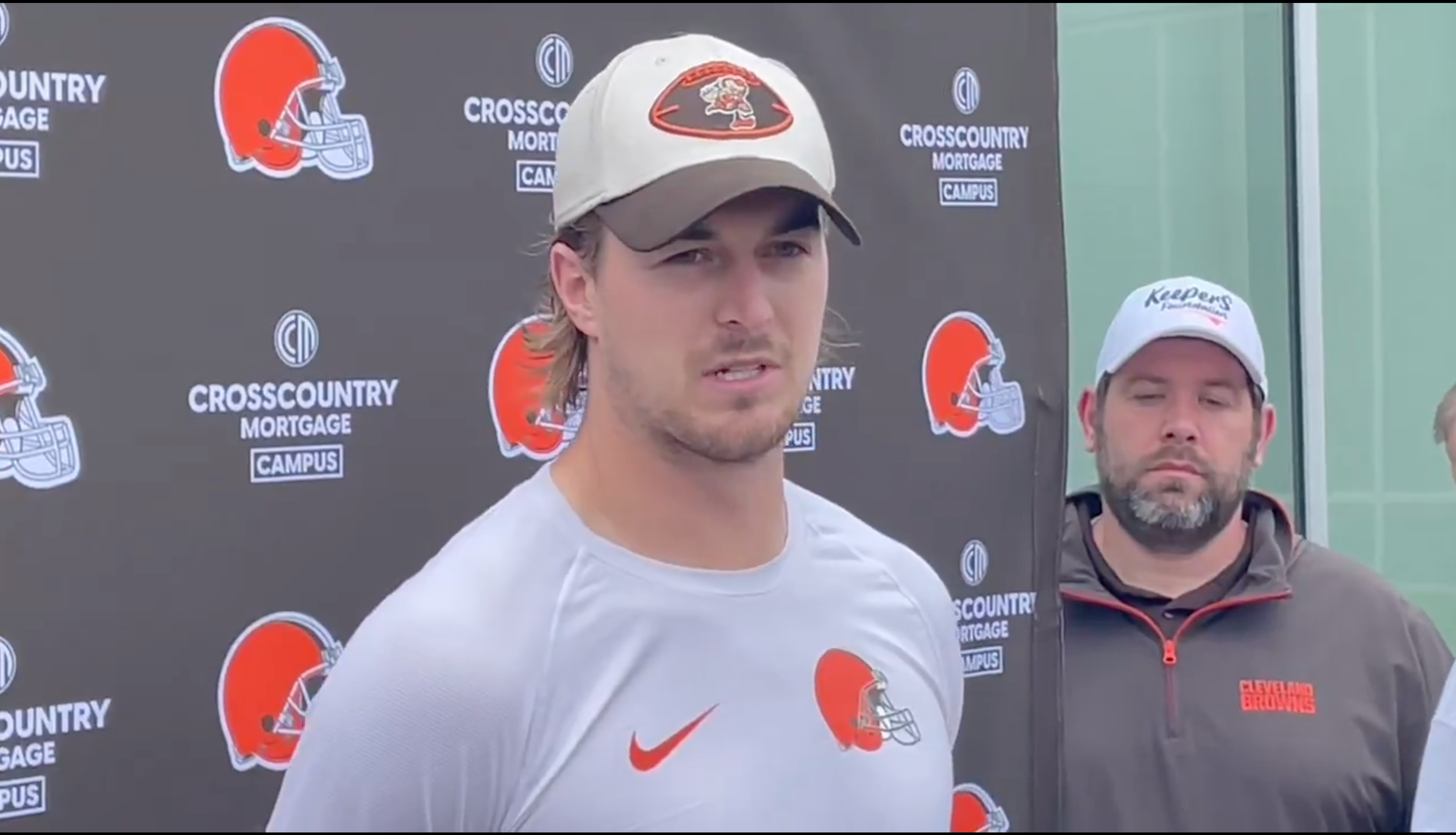 Cleveland Browns quarterback Kenny Pickett addresses the media at OTAs.