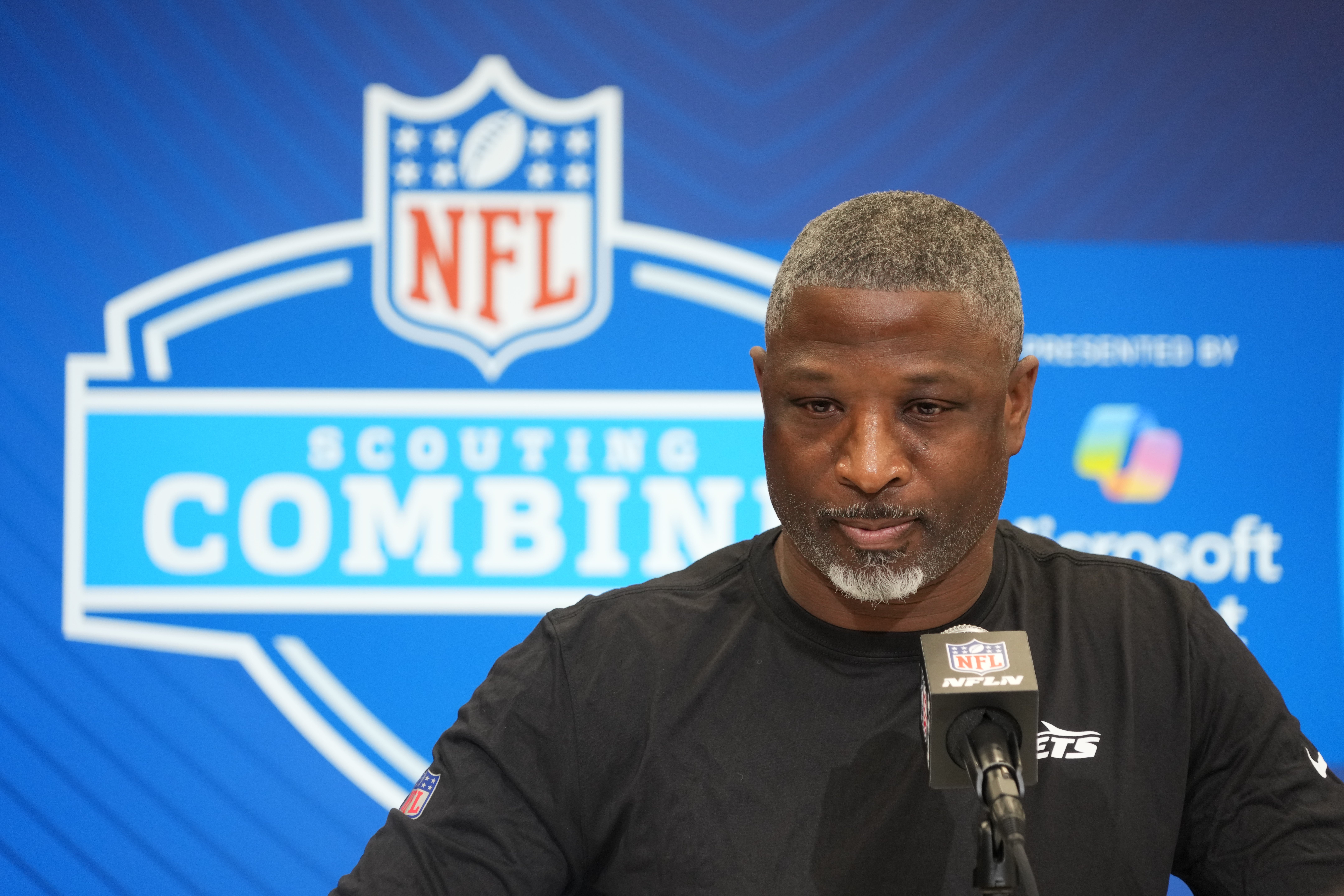 New York Jets coach Aaron Glenn speaks during the NFL Scouting Combine at the Indiana Convention Center.