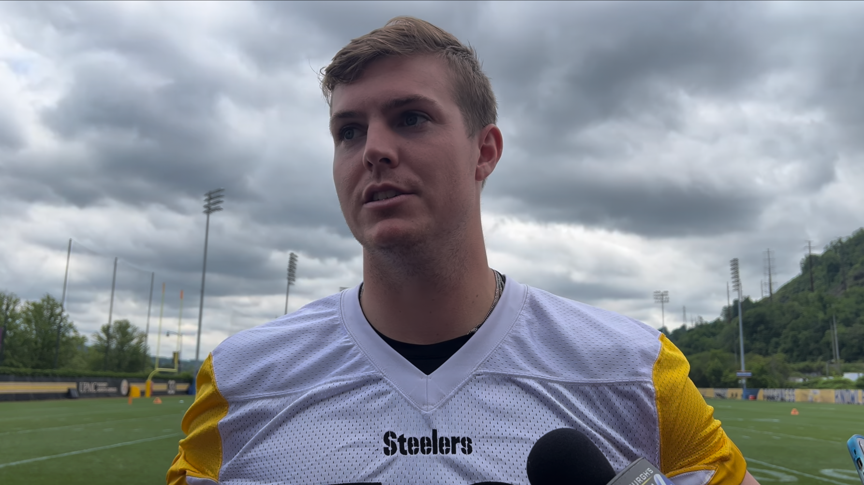 Pittsburgh Steelers quarterback Will Howard addresses the media after Week 1 of OTAs.