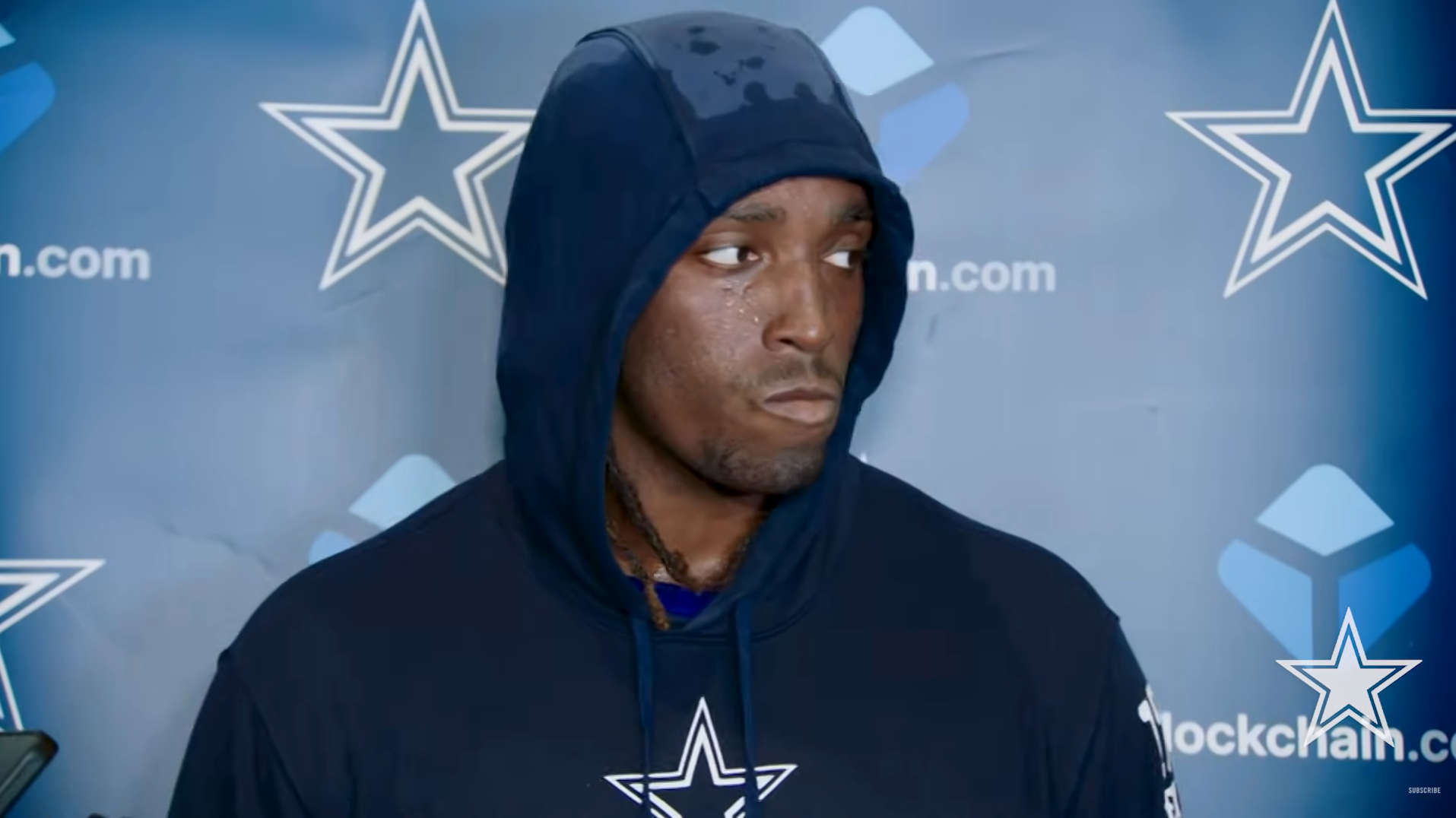 Dallas Cowboys OT Tyler Guyton talks to reporters at OTAs.