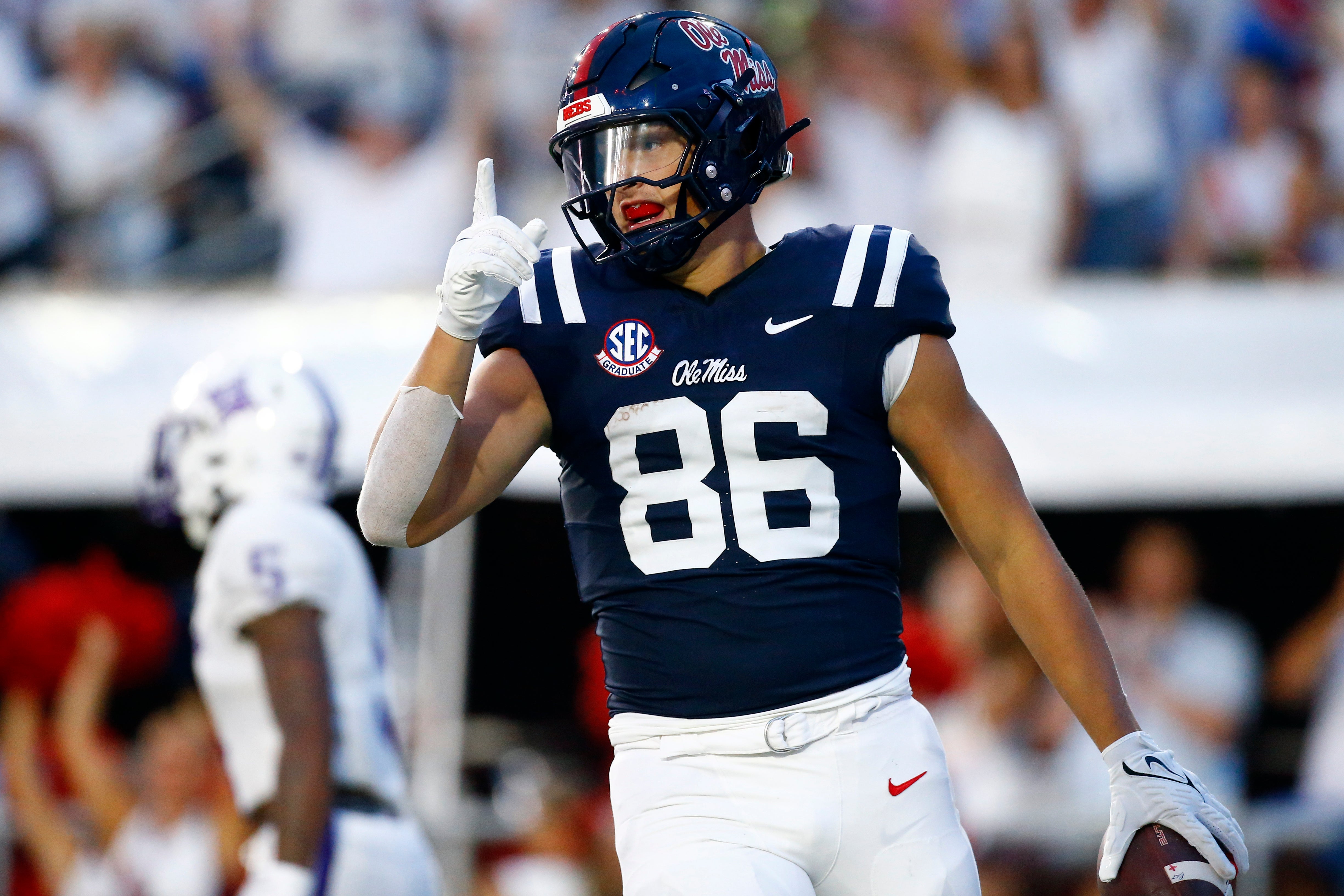 Aug 31, 2024; Oxford, Mississippi, USA; Mississippi Rebels tight end Caden Prieskorn (86) reacts after a touchdown catch against the Furman Paladins during the first half at Vaught-Hemingway Stadium.