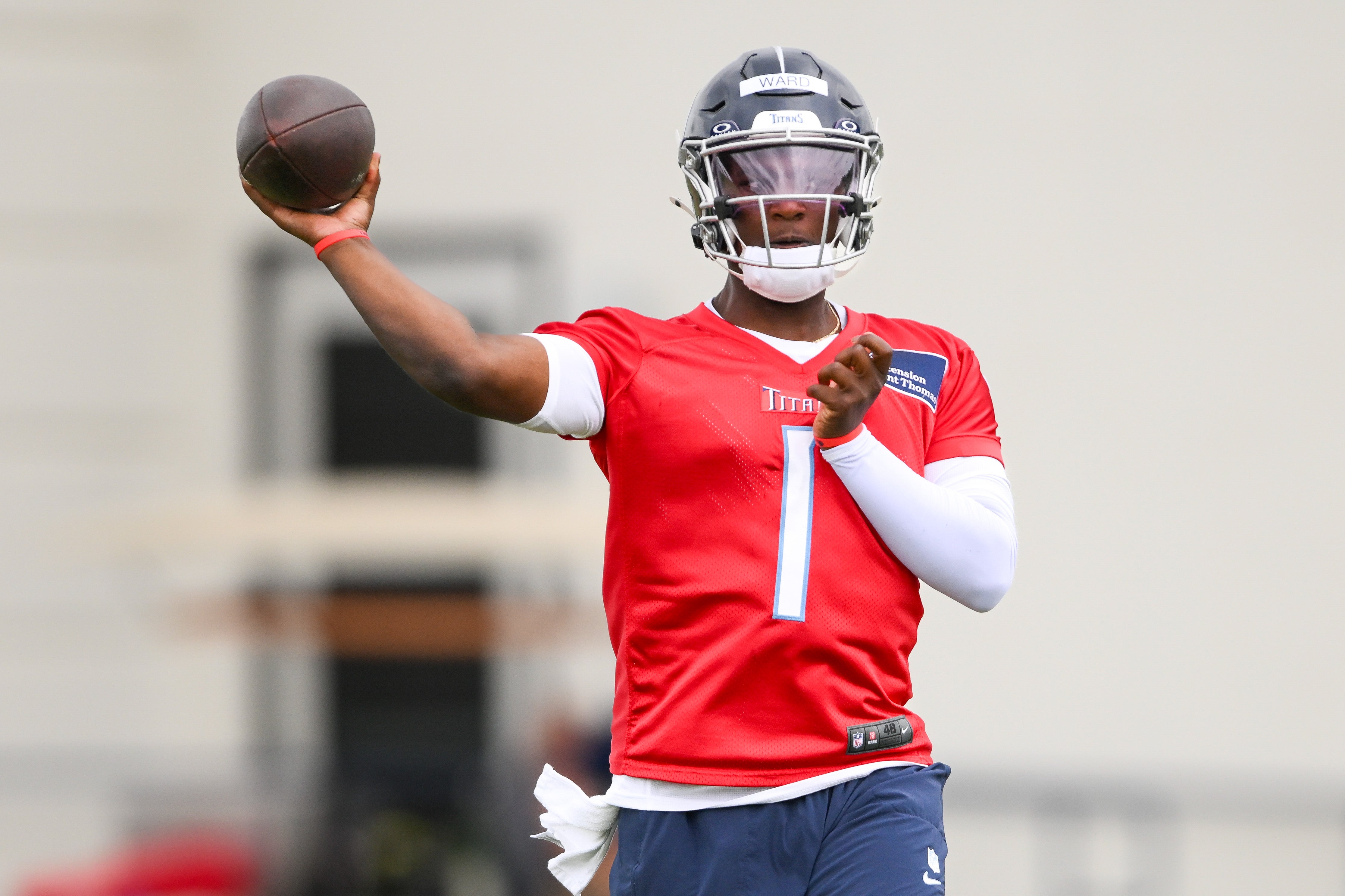 May 10, 2025; Nashville, TN, USA; Tennessee Titans quarterback Cam Ward (1) throws during drills during Rookie Mini Camp at Saint Thomas Sports Park. Mandatory Credit: Steve Roberts-Imagn Images