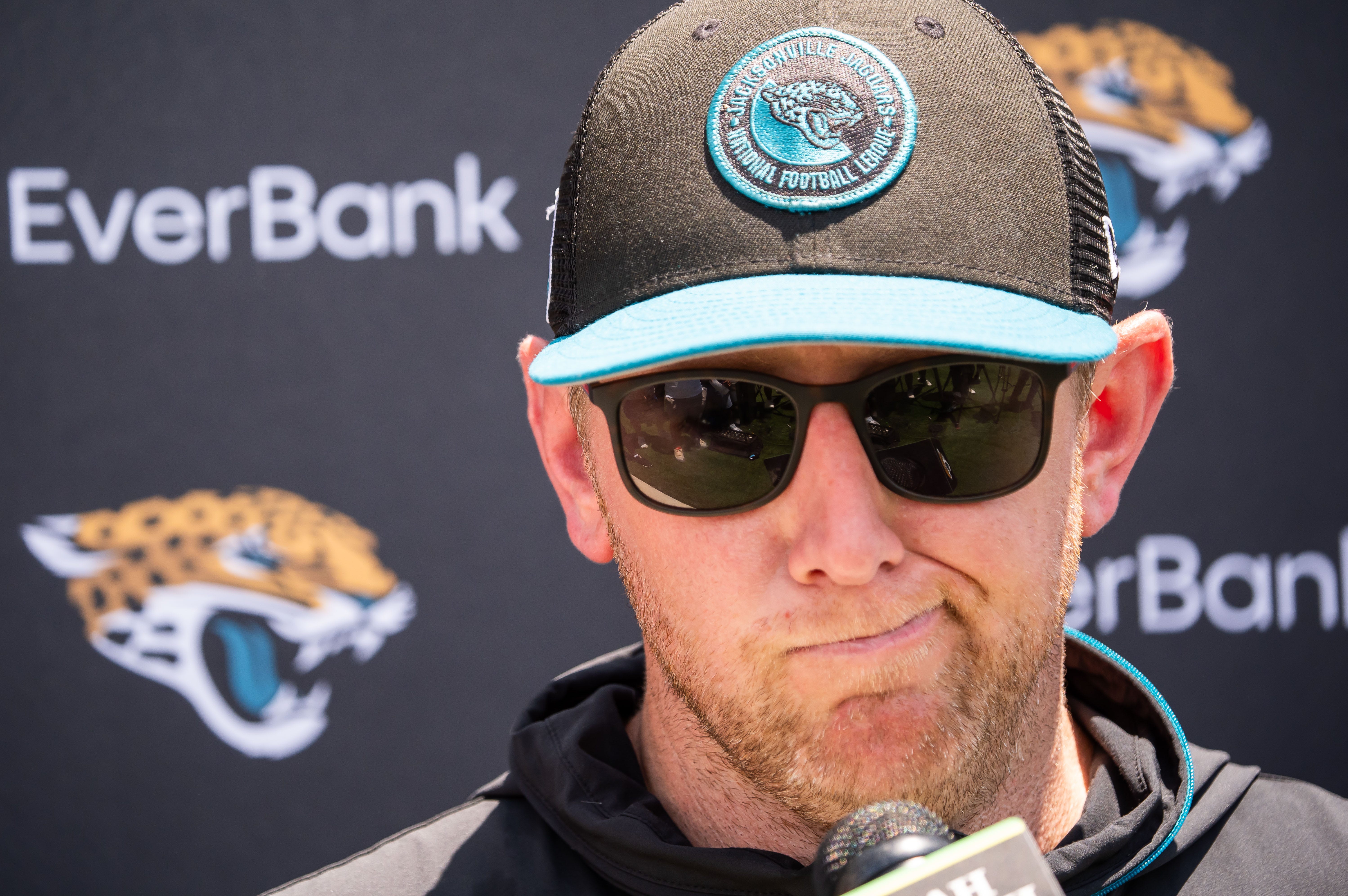 Jacksonville Jaguars head coach Liam Coen answers questions during a press conference after the fourth organized team activity at the Miller Electric Center in Jacksonville, Fla. Tuesday, May 27, 2025. [Doug Engle/Florida Times-Union]Jacksonville Jaguars during the fourth organized team activity at the Miller Electric Center in Jacksonville, Fla. Tuesday, May 27, 2025.