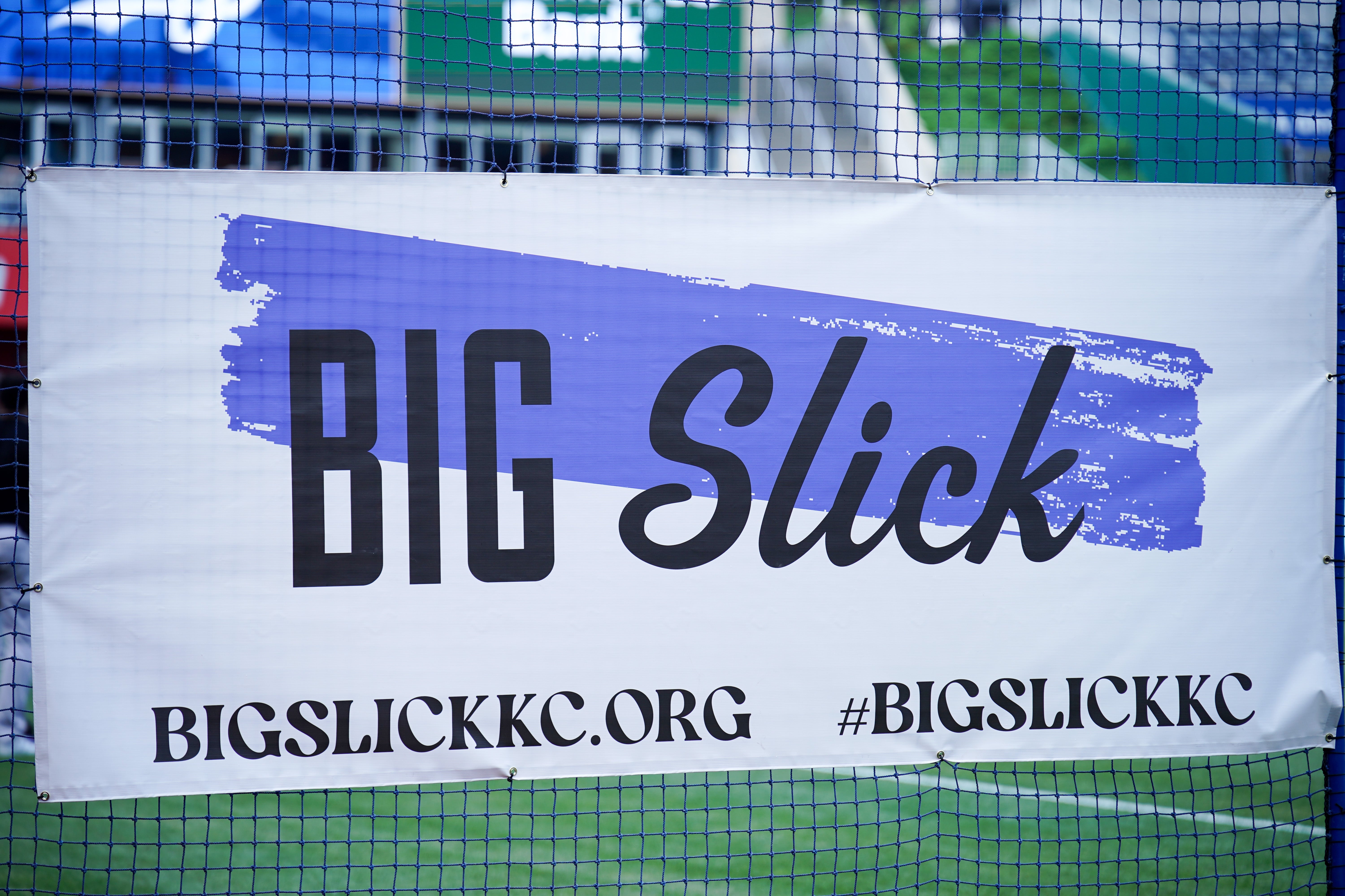 Jun 2, 2023; Kansas City, Missouri, USA; A general view of the annual Big Slick celebrity softball game signage prior to a game between the Kansas City Royals and Colorado Rockies at Kauffman Stadium.