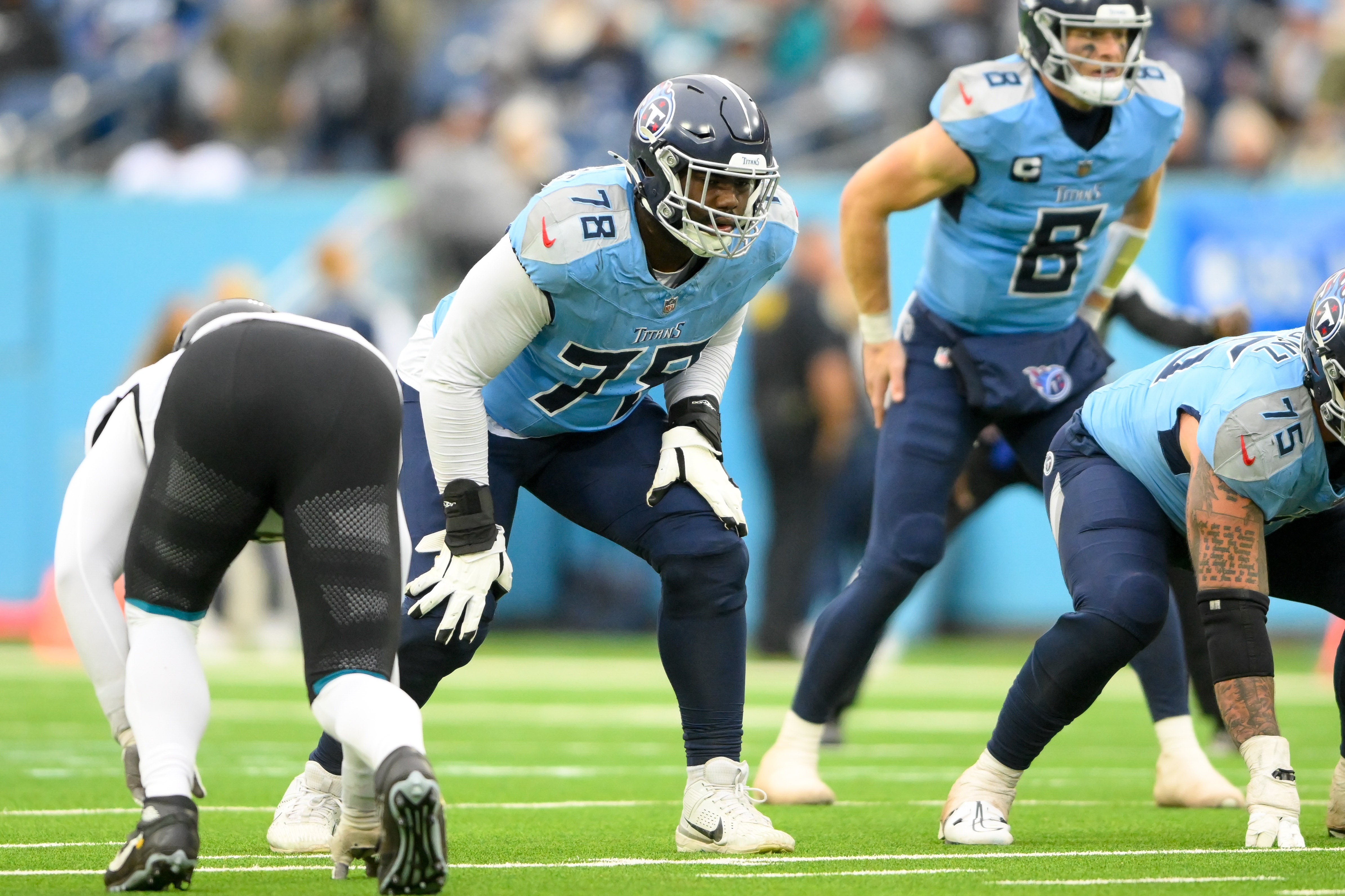 Dec 8, 2024; Nashville, Tennessee, USA; Tennessee Titans offensive tackle Nicholas Petit-Frere (78) against the Jacksonville Jaguars during the second half at Nissan Stadium. Mandatory Credit: Steve Roberts-Imagn Images