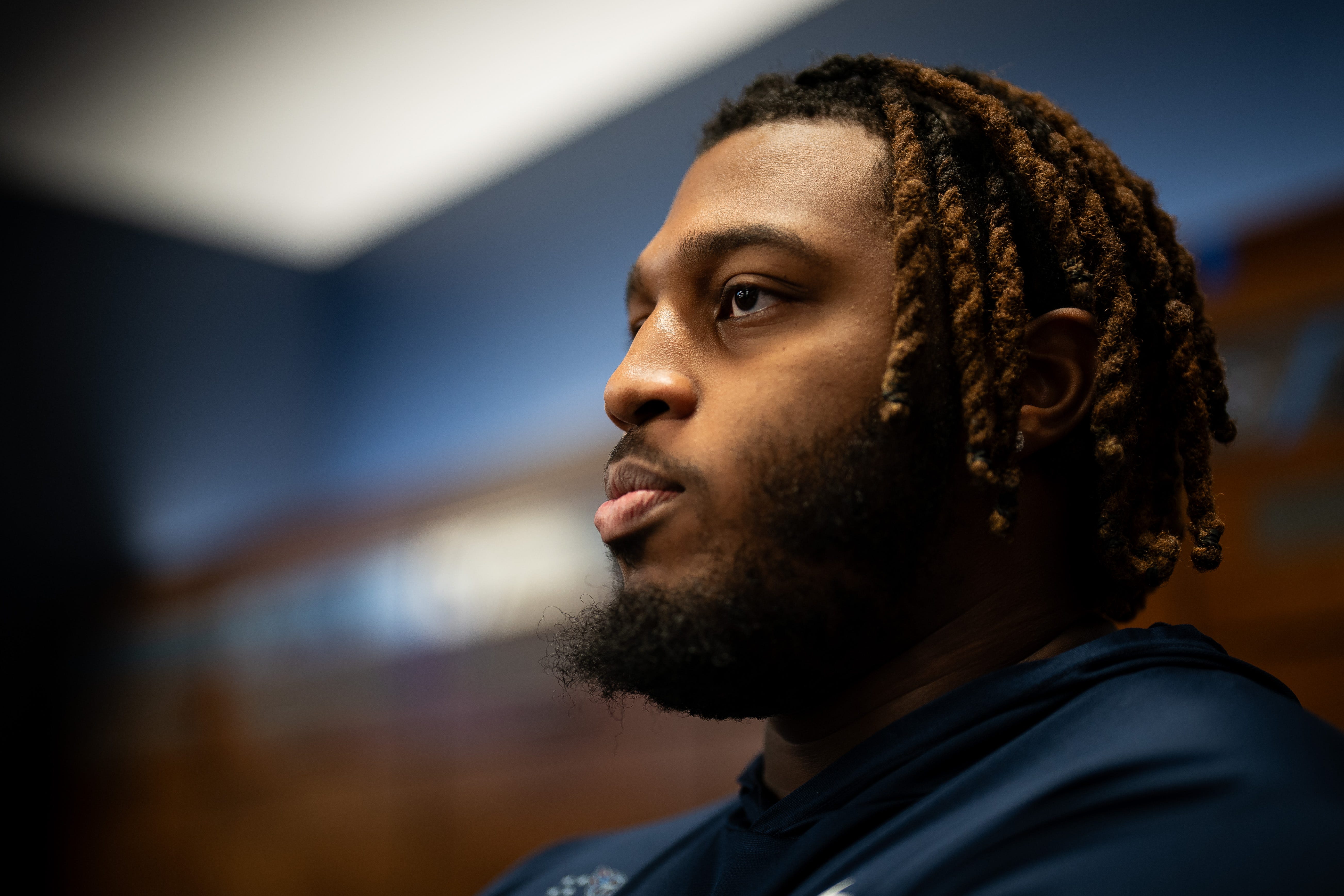 Tennessee Titans offensive tackle JC Latham gives an interview as the team cleans out their locker room at Ascension Saint Thomas Sports Park in Nashville, Tenn., Monday, Jan. 6, 2025.