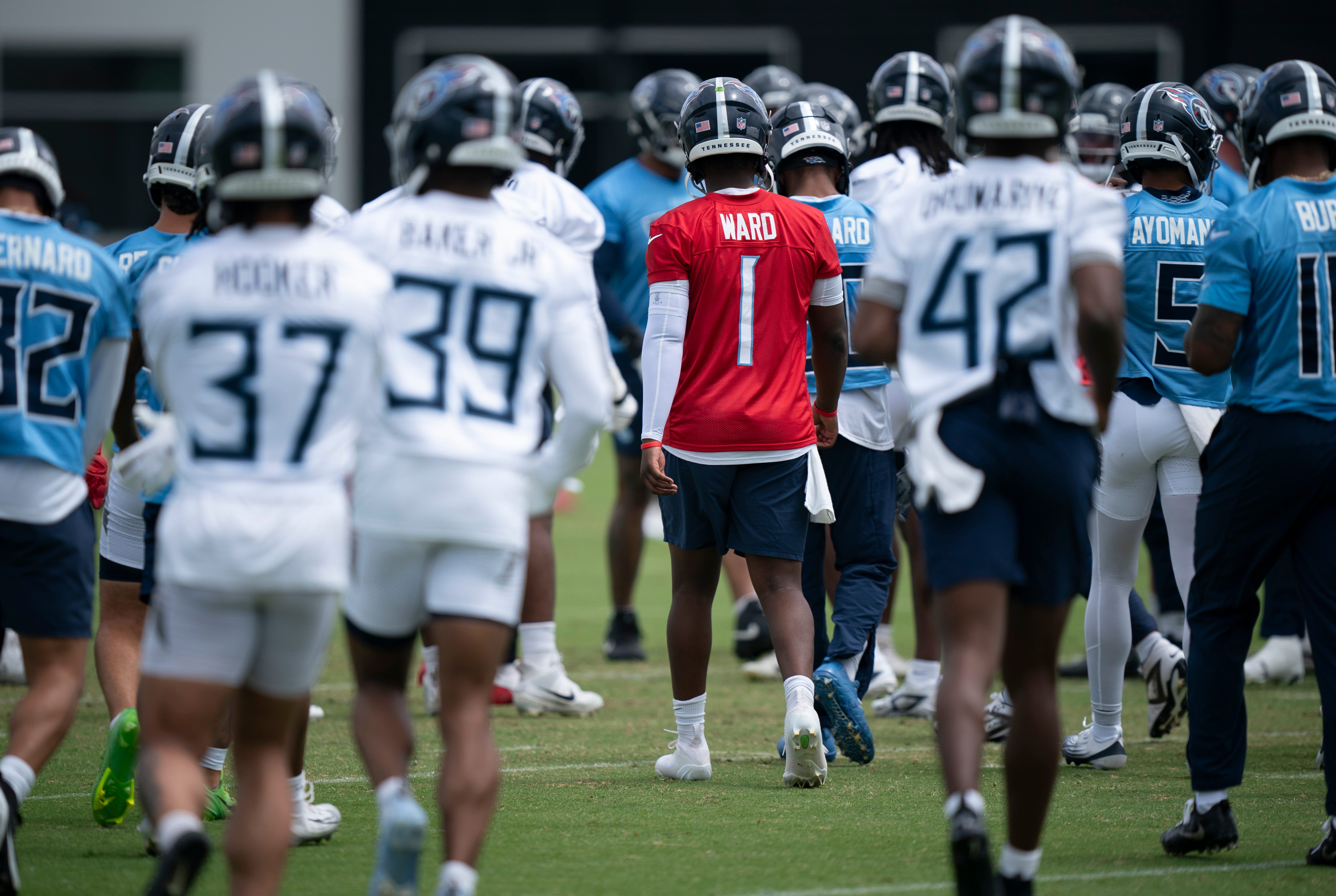 Tennessee Titans quarterback Cam Ward (1) runs through drills during OTAs at Ascension Saint Thomas Sports Park in Nashville, Tenn., Wednesday, May 28, 2025.