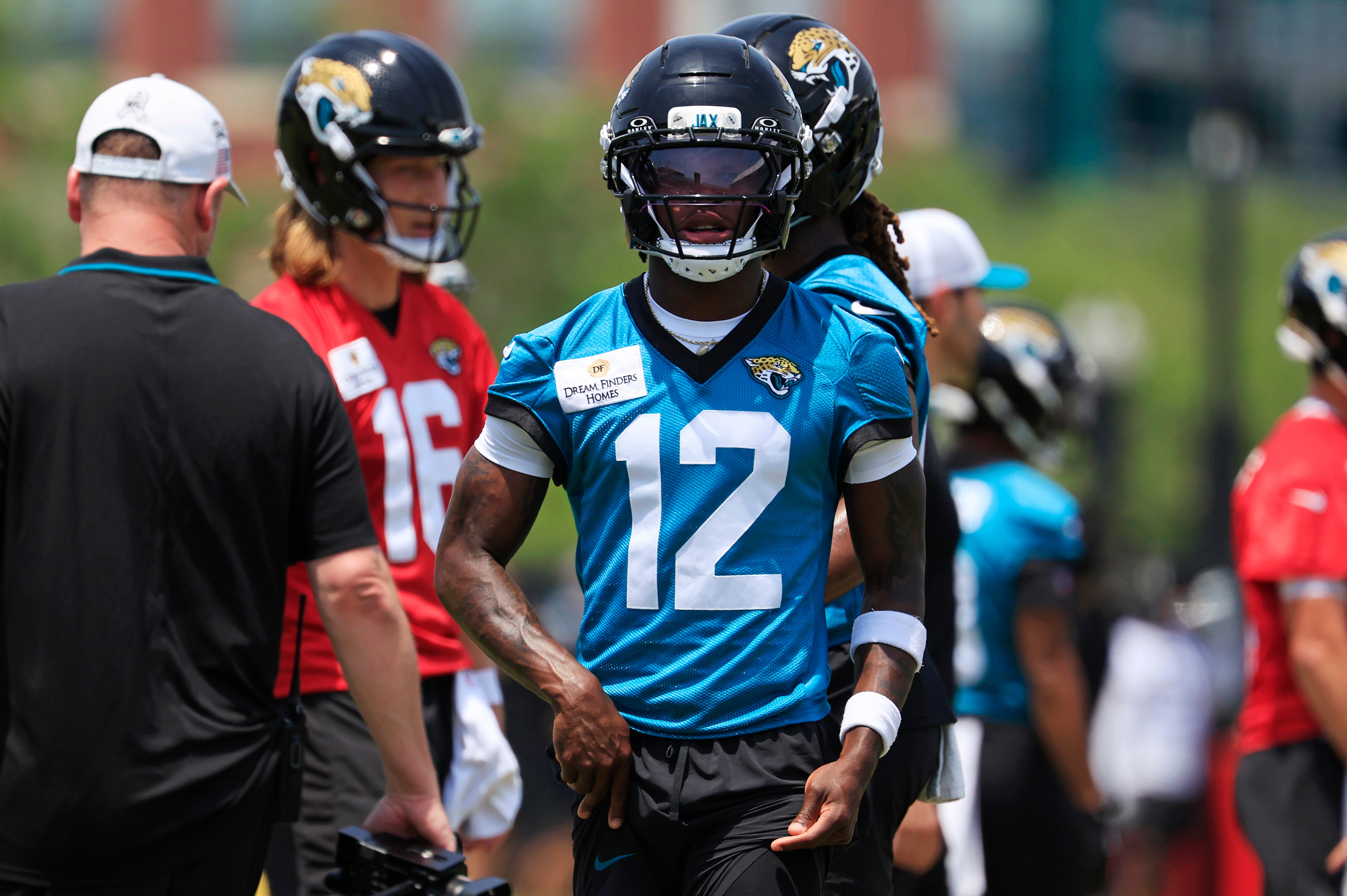 Jacksonville Jaguars wide receiver Travis Hunter (12) walks to his lane during the first organized team activity at Miller Electric Center Monday, May 19, 2025 in Jacksonville, Fla.
