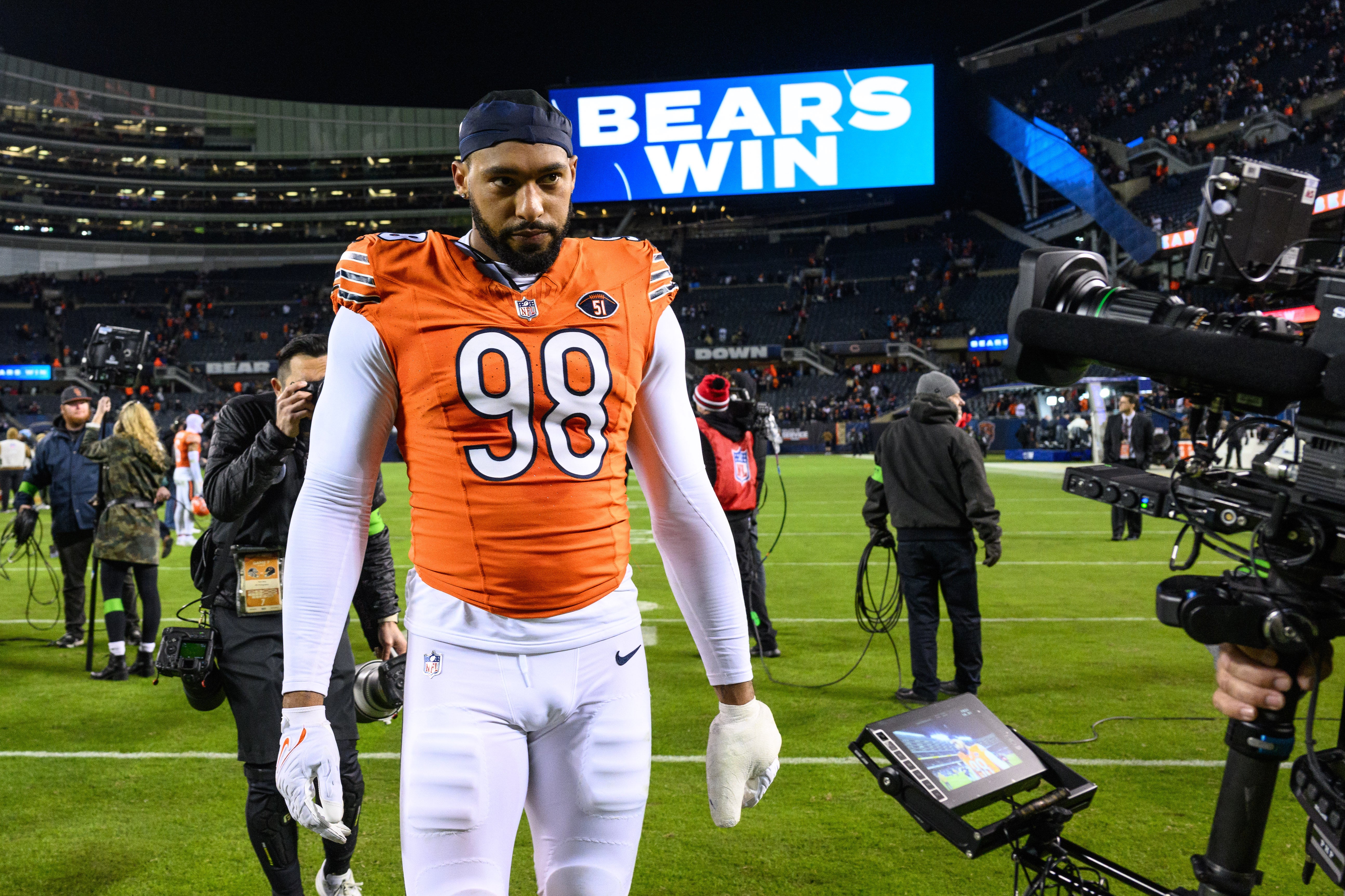 Nov 9, 2023; Chicago, Illinois, USA; Chicago Bears defensive end Montez Sweat (98) walks off the field after a game against the Carolina Panthers at Soldier Field.