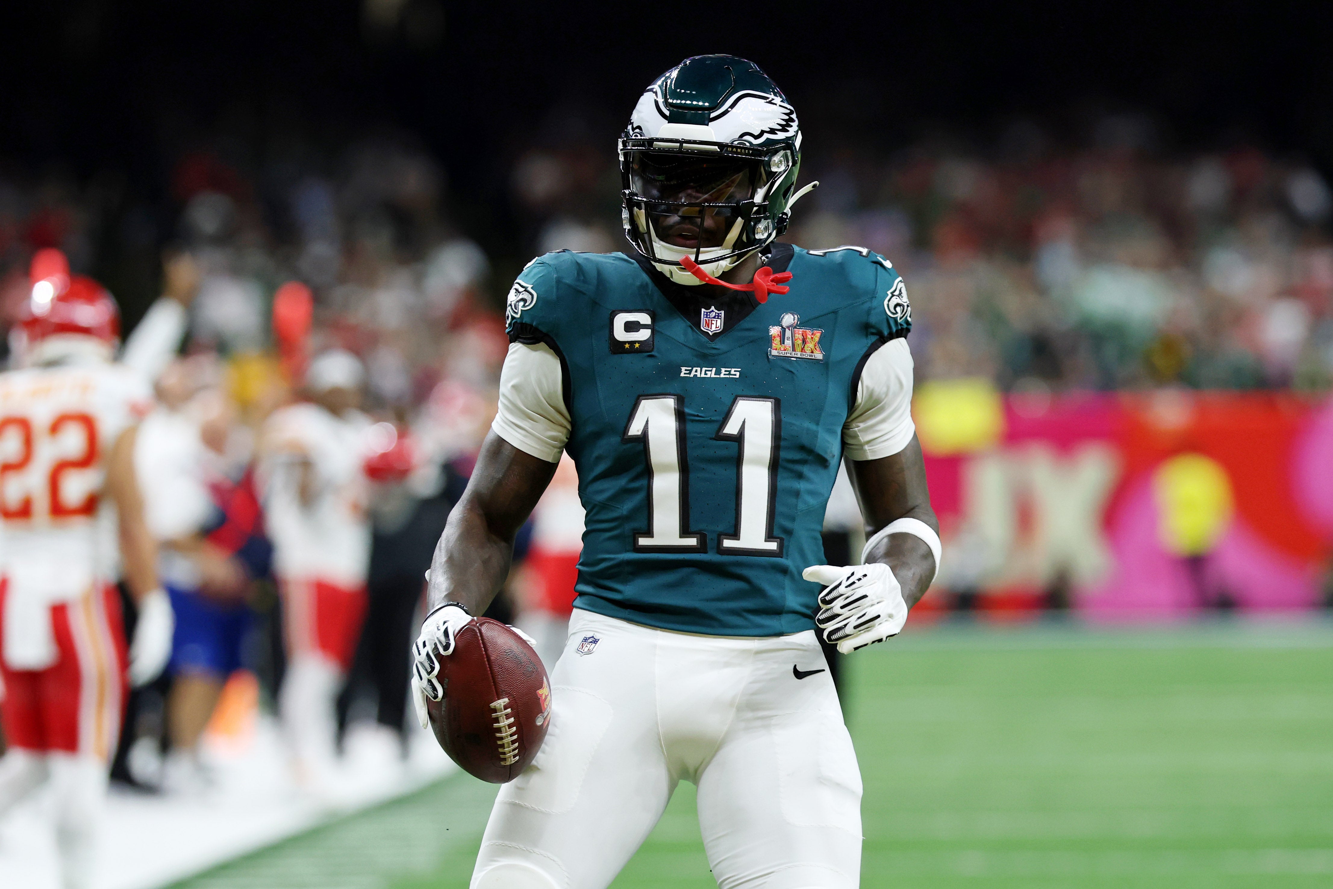 Philadelphia Eagles wide receiver A.J. Brown (11) reacts after making a catch against the Kansas City Chiefs during the first half of Super Bowl LIX at Caesars Superdome.