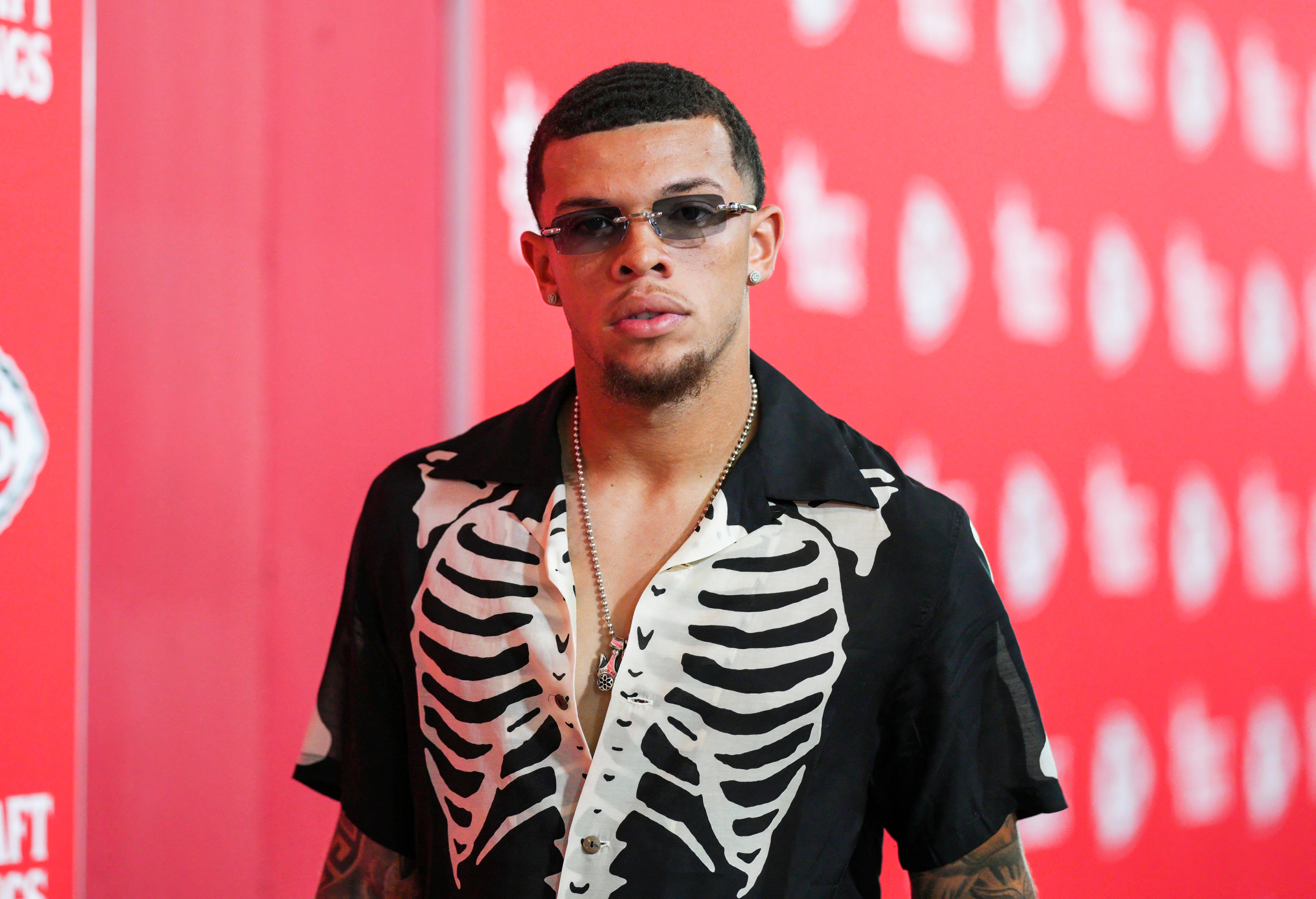 Sep 5, 2024; Kansas City, Missouri, USA; Kansas City Chiefs wide receiver Skyy Moore (24) arrives prior to a game against the Baltimore Ravens at GEHA Field at Arrowhead Stadium.