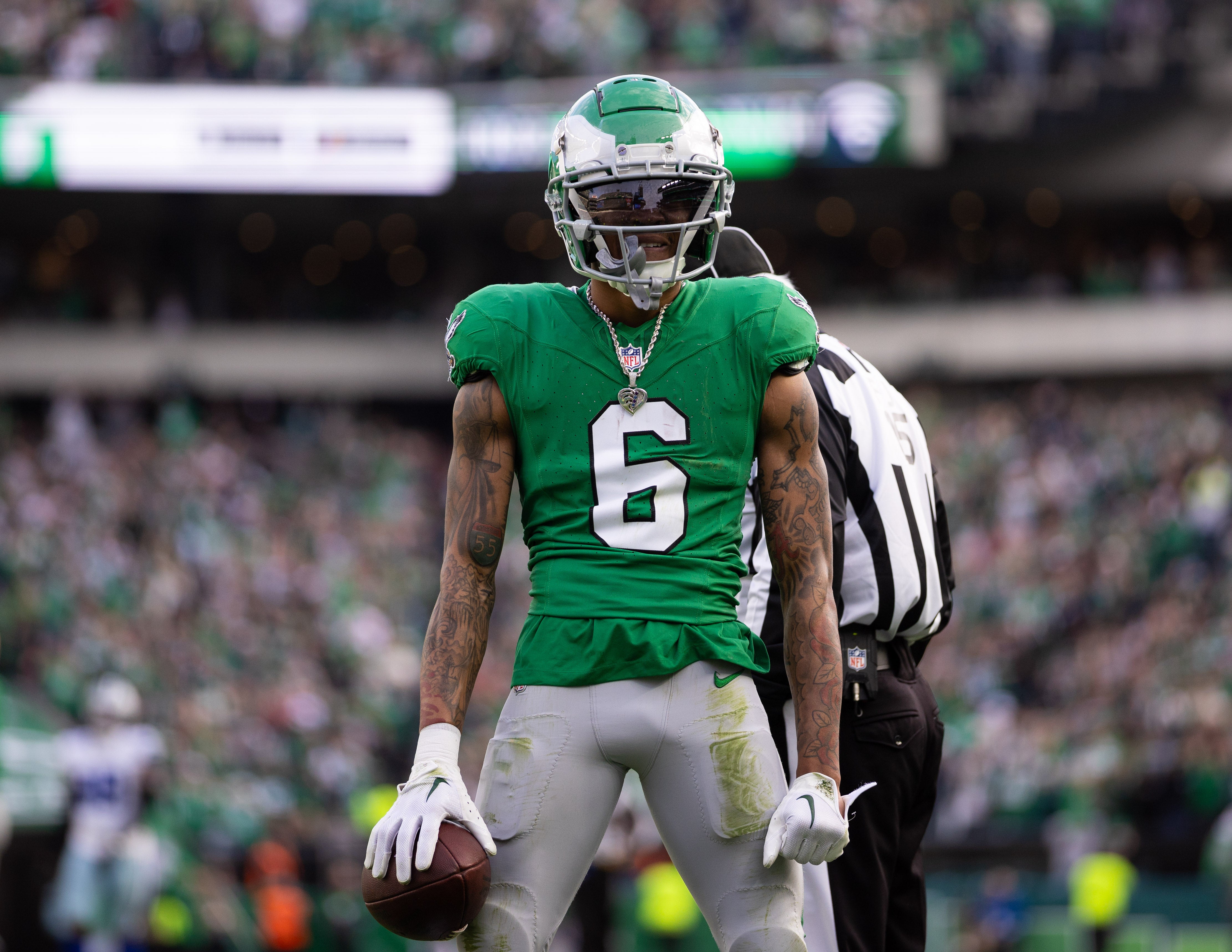 Philadelphia Eagles wide receiver DeVonta Smith (6) reacts after his catch at the one yard line against the Dallas Cowboys during the second quarter at Lincoln Financial Field.