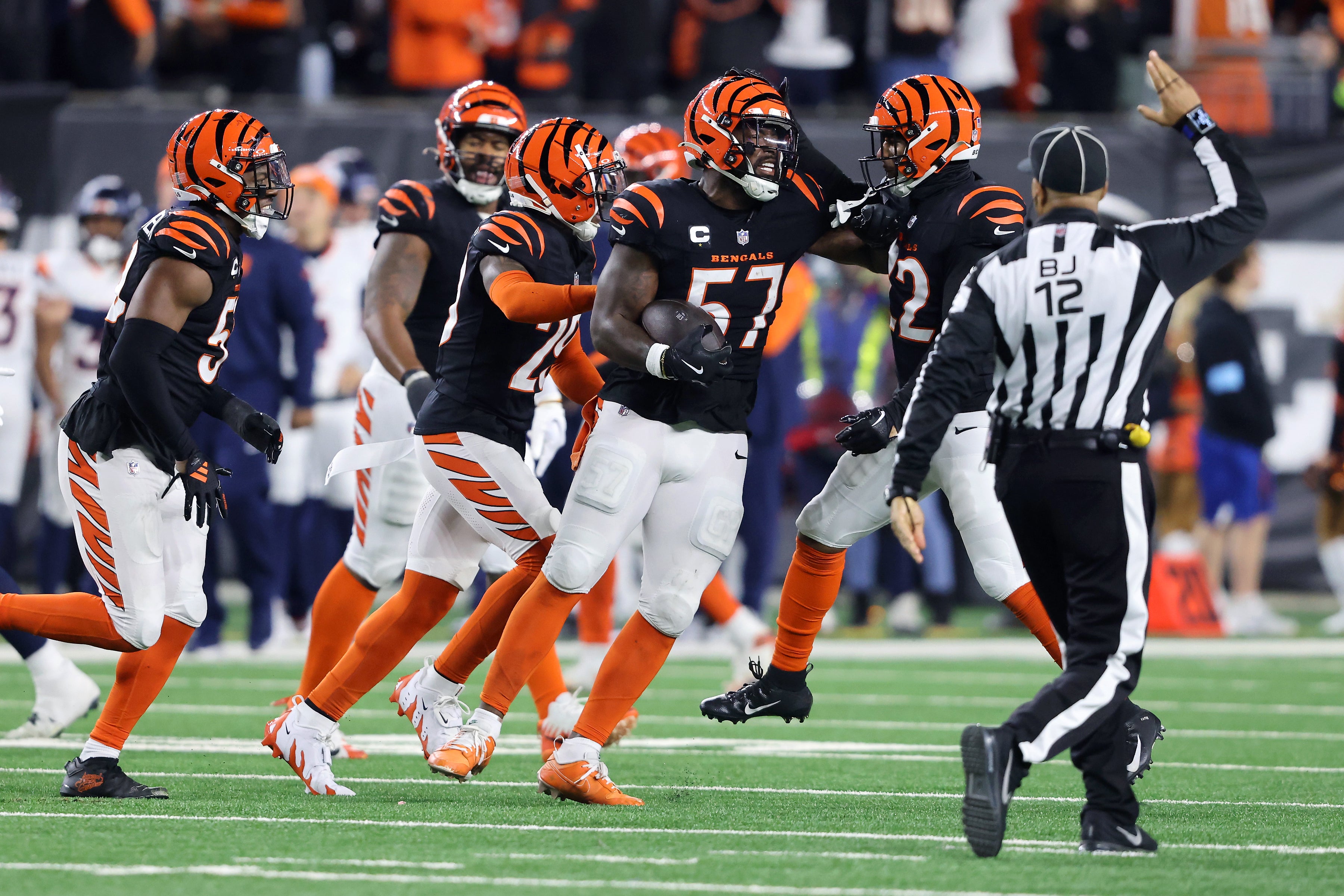 Dec 28, 2024; Cincinnati, Ohio, USA; Cincinnati Bengals linebacker Germaine Pratt (57) celebrates following his interception during the fourth quarter against the Denver Broncos at Paycor Stadium.