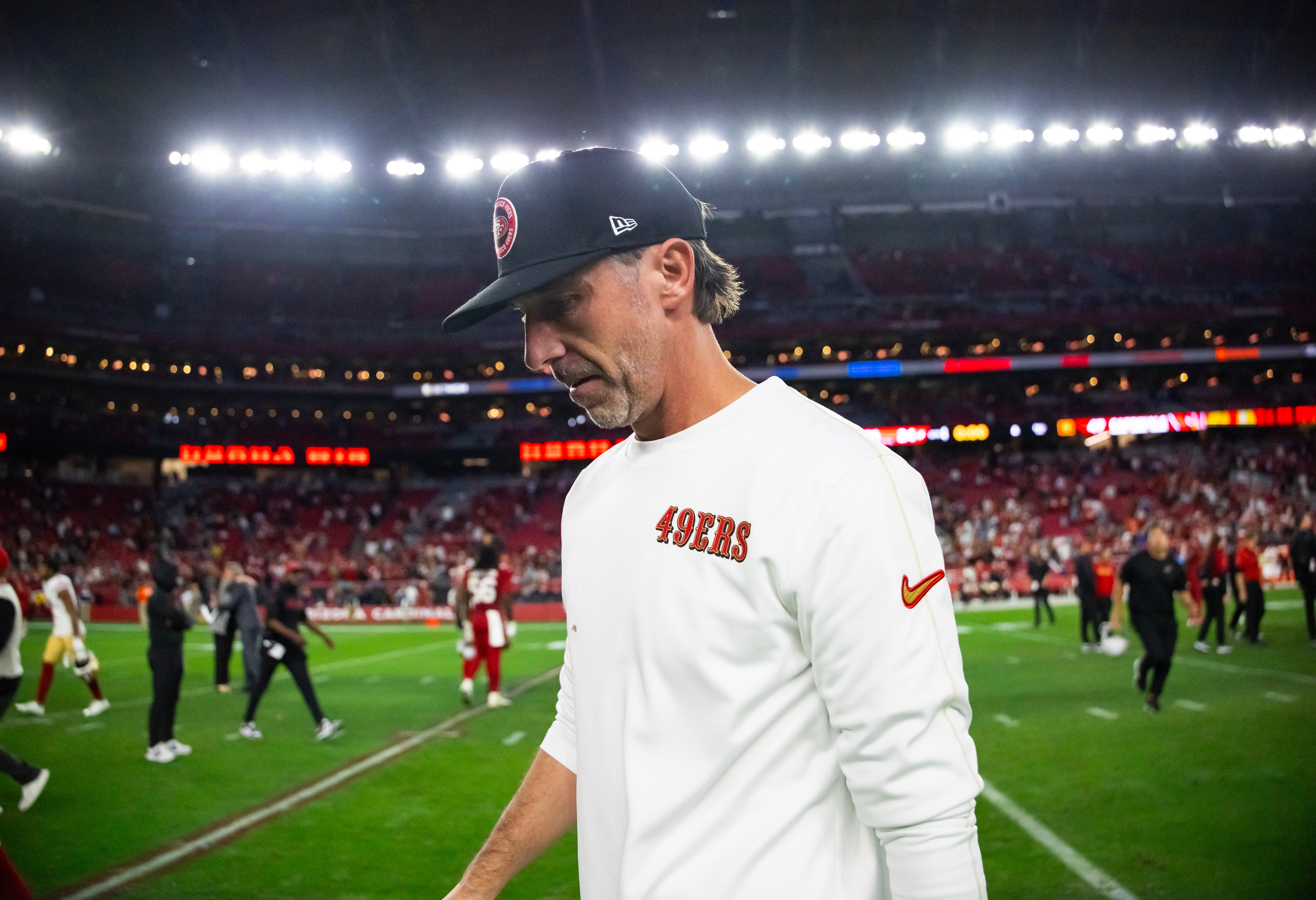 Jan 5, 2025; Glendale, Arizona, USA; San Francisco 49ers head coach Kyle Shanahan reacts after losing to the Arizona Cardinals at State Farm Stadium.