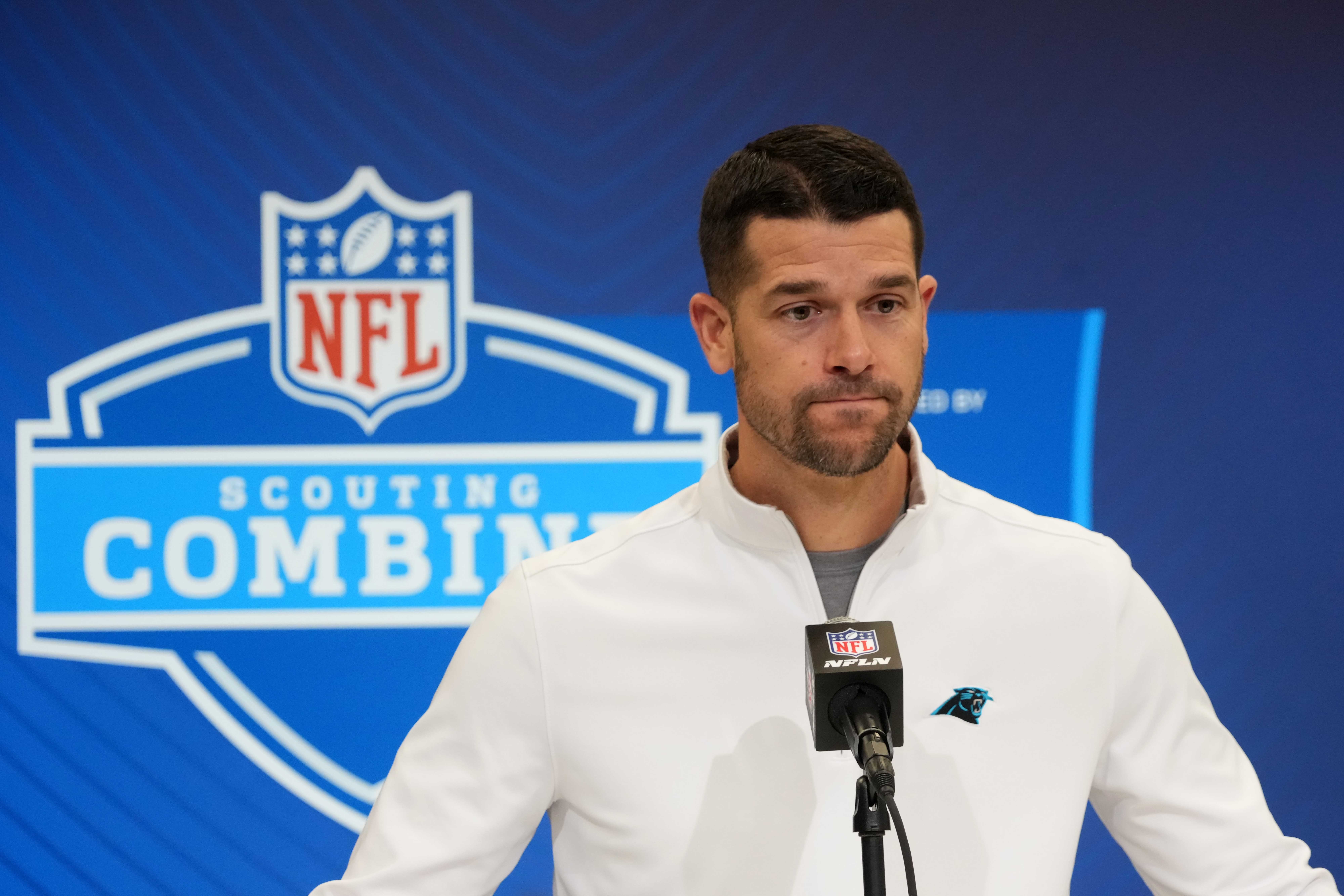 Feb 25, 2025; Indianapolis, IN, USA; Carolina Panthers coach Dave Canales speaks during the NFL Scouting Combine at the Indiana Convention Center.