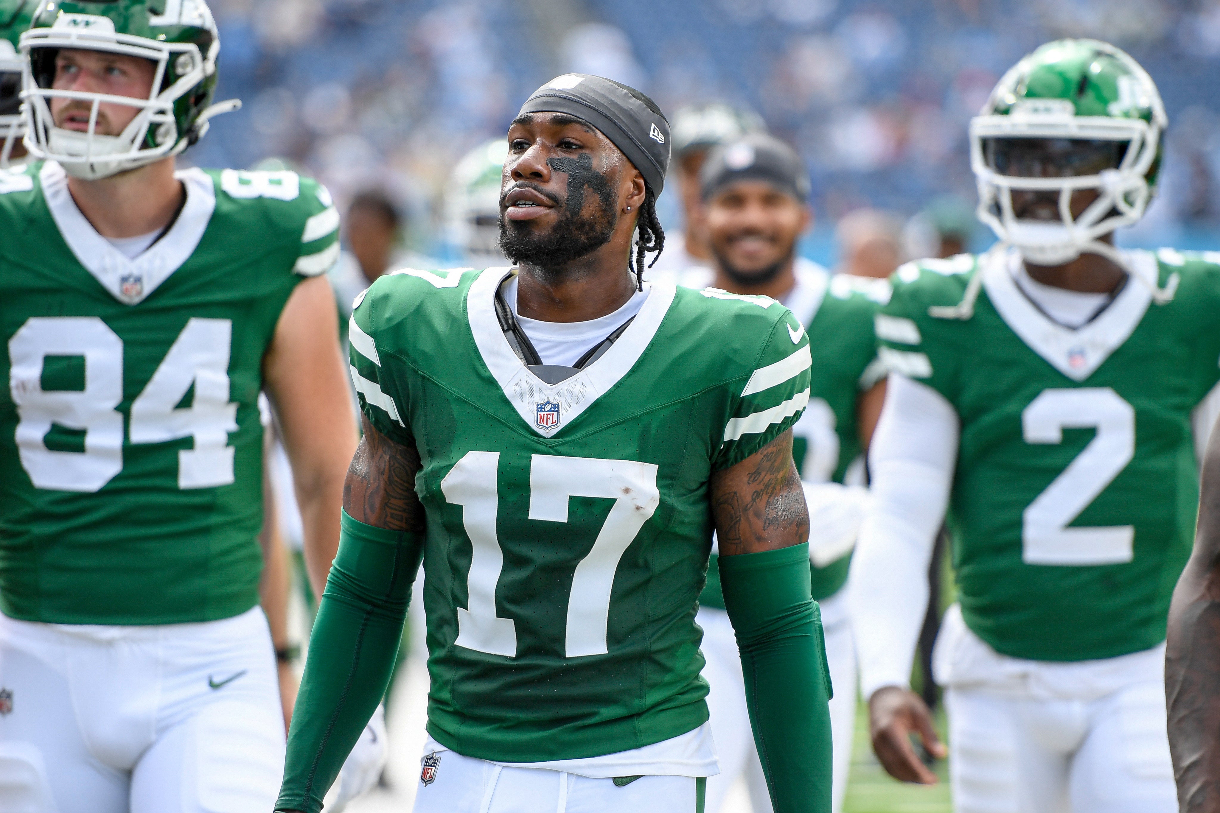 New York Jets wide receiver Malachi Corley (17) takes the field against the Tennessee Titans during the first half at Nissan Stadium.