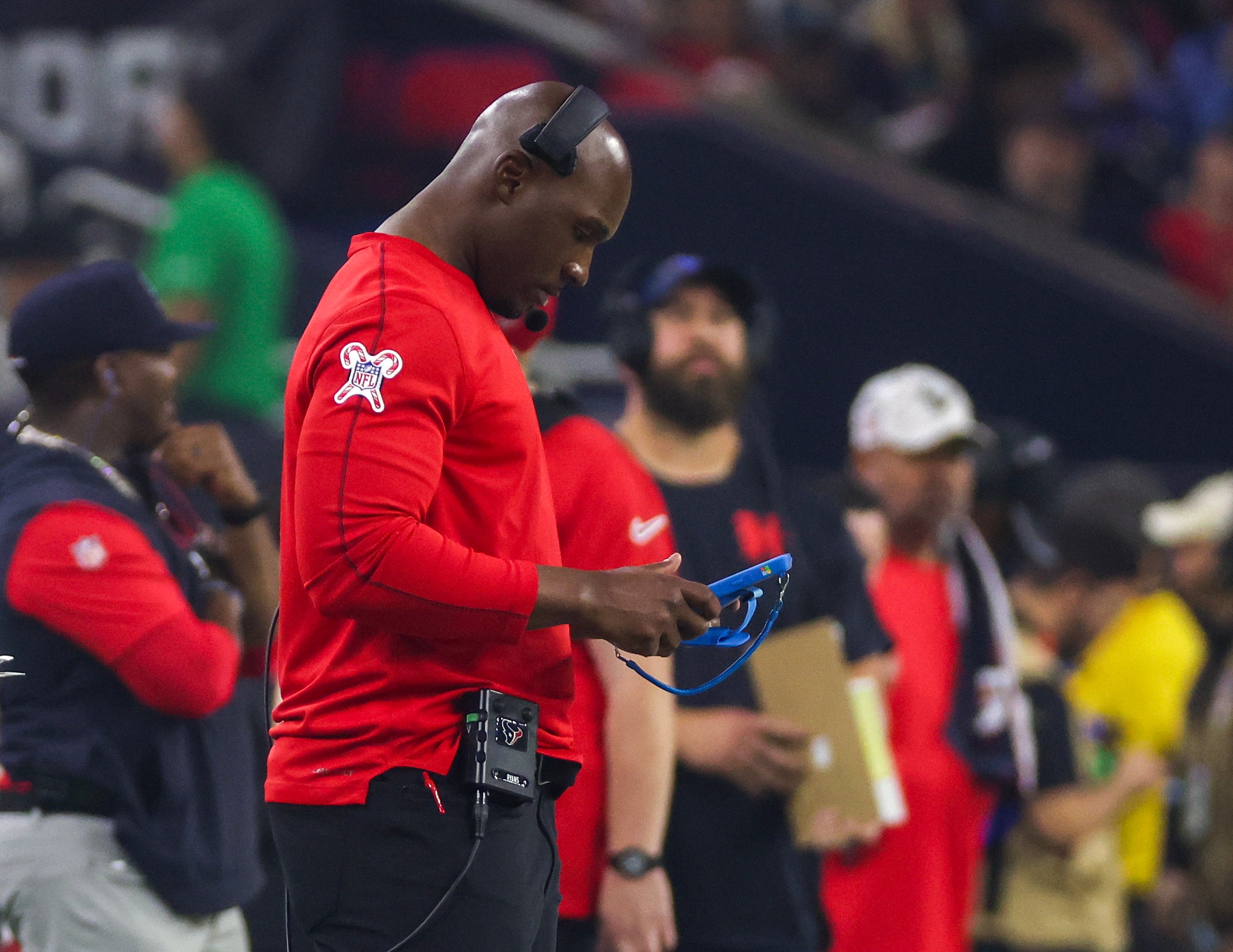 Dec 25, 2024; Houston, Texas, USA; Houston Texans head coach DeMeco Ryans coaches against the Baltimore Ravens in the second half at NRG Stadium.