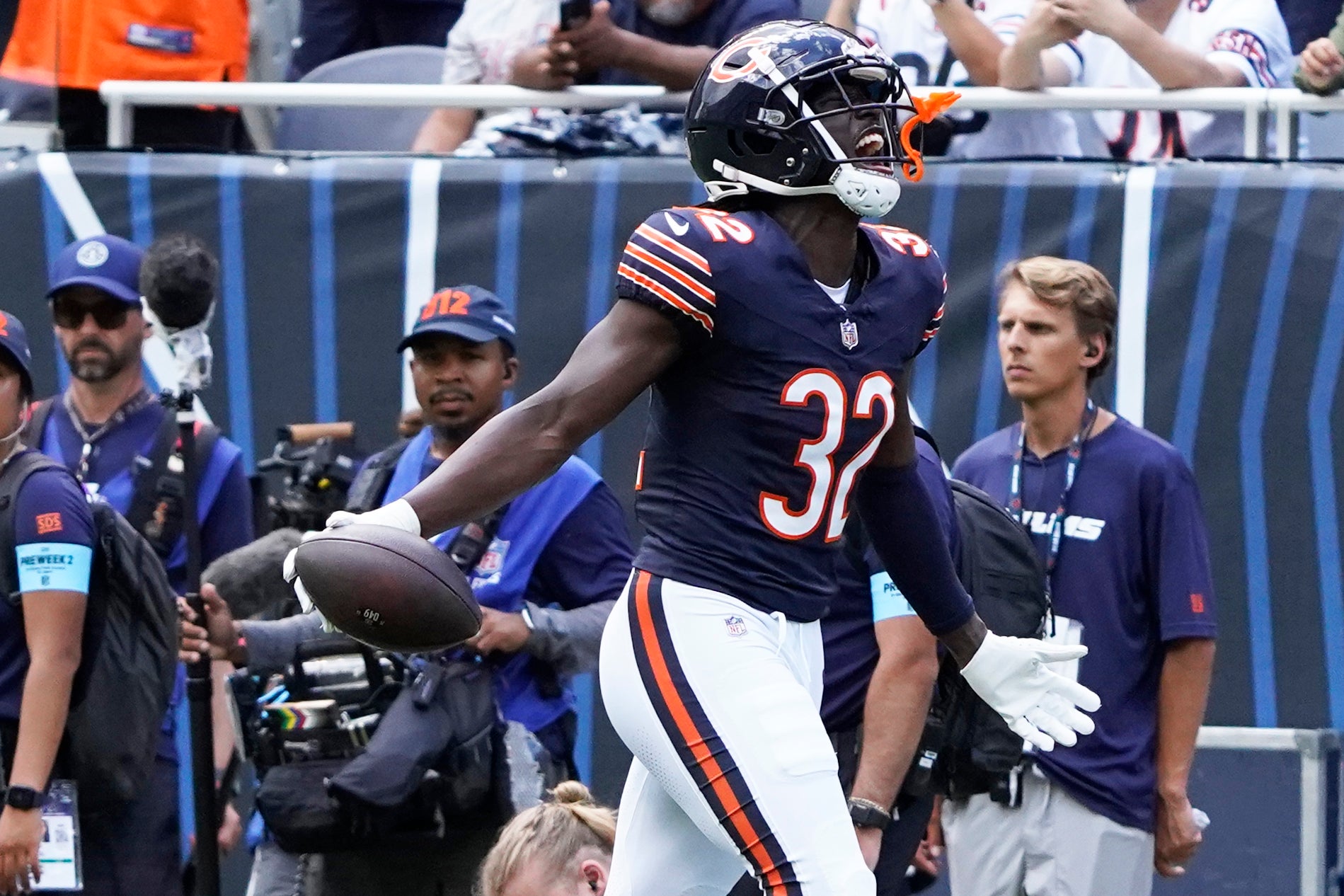 Aug 17, 2024; Chicago, Illinois, USA; Chicago Bears cornerback Terell Smith (32) intercepts a pass against the Cincinnati Bengals during the second half at Soldier Field.
