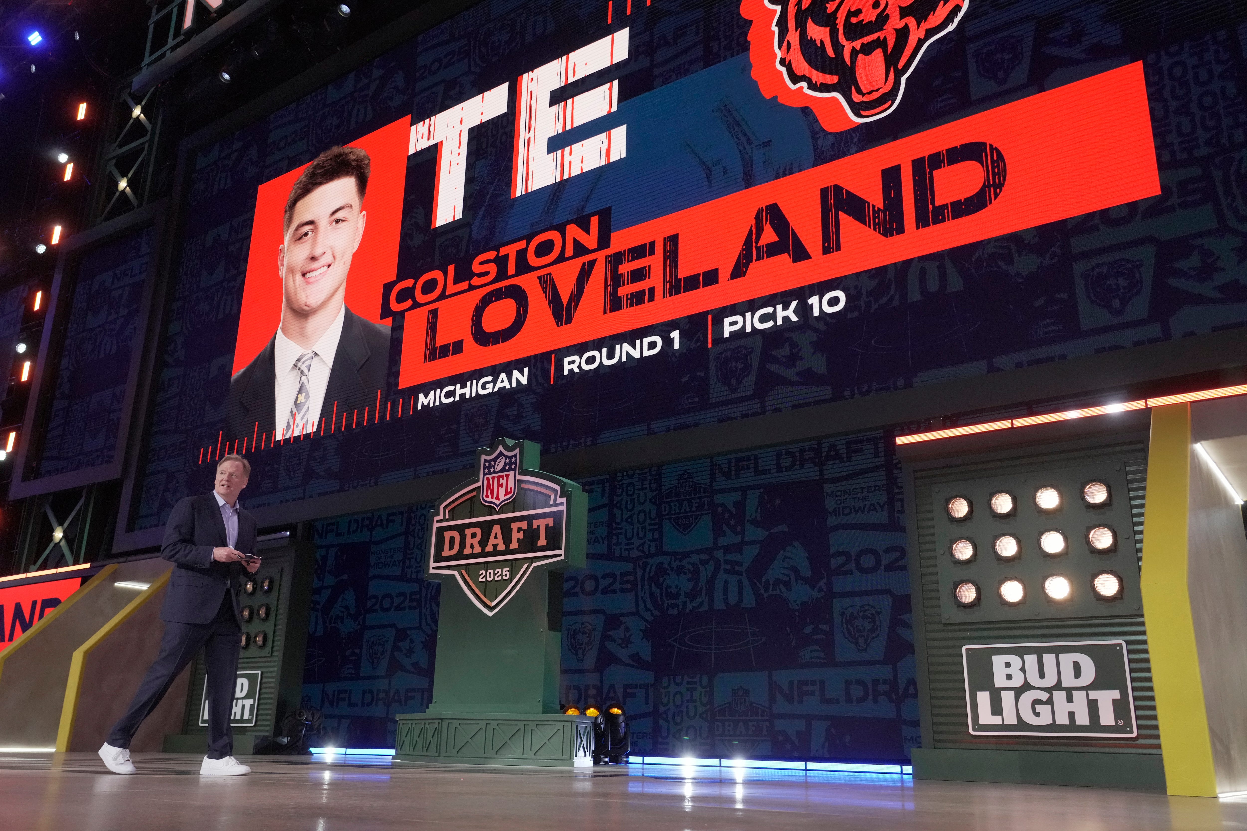 Colston Loveland, TE, Michigan was selected 10th overall by the Chicago Bears during the first round of the 2025 NFL Draft at Lambeau Field on April 24, 2025 in Green Bay, Wisconsin.