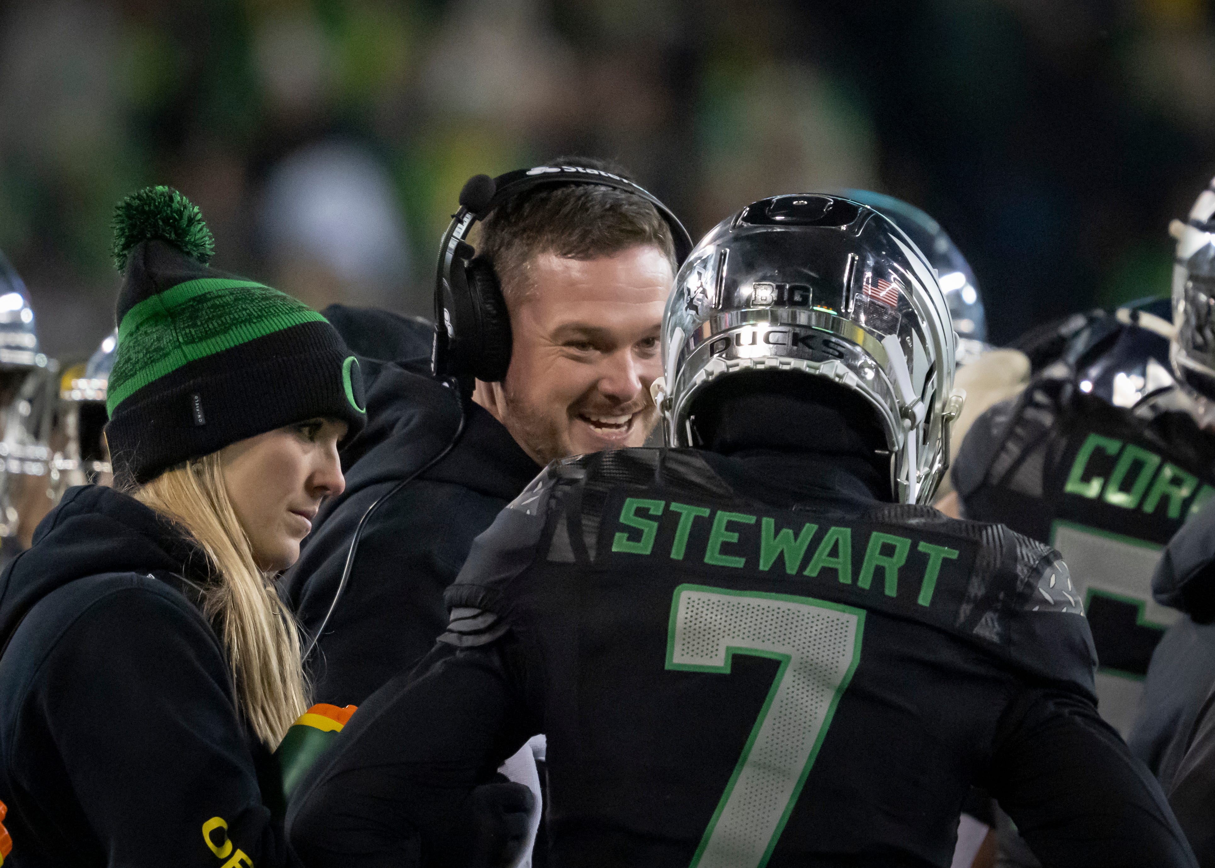 Oregon head coach Dan Lanning gathers his team during a timeout as the No. 1 Oregon Ducks host the Washington Huskies Saturday, Nov. 30, 2024 at Autzen Stadium in Eugene, Ore.