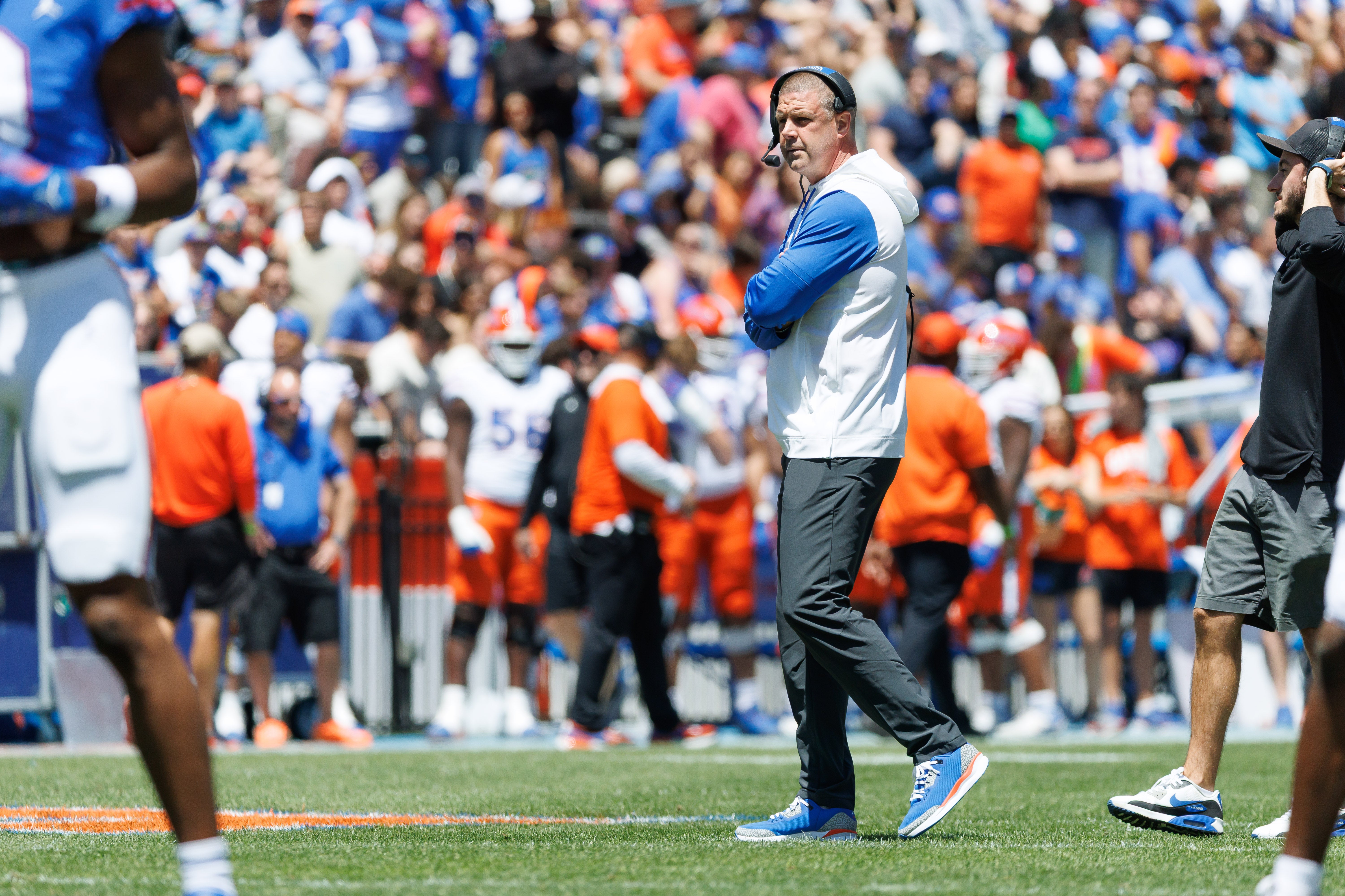 Apr 12, 2025; Gainesville, FL, USA; Florida Gators head coach Billy Napier looks on during the first half at Ben Hill Griffin Stadium.