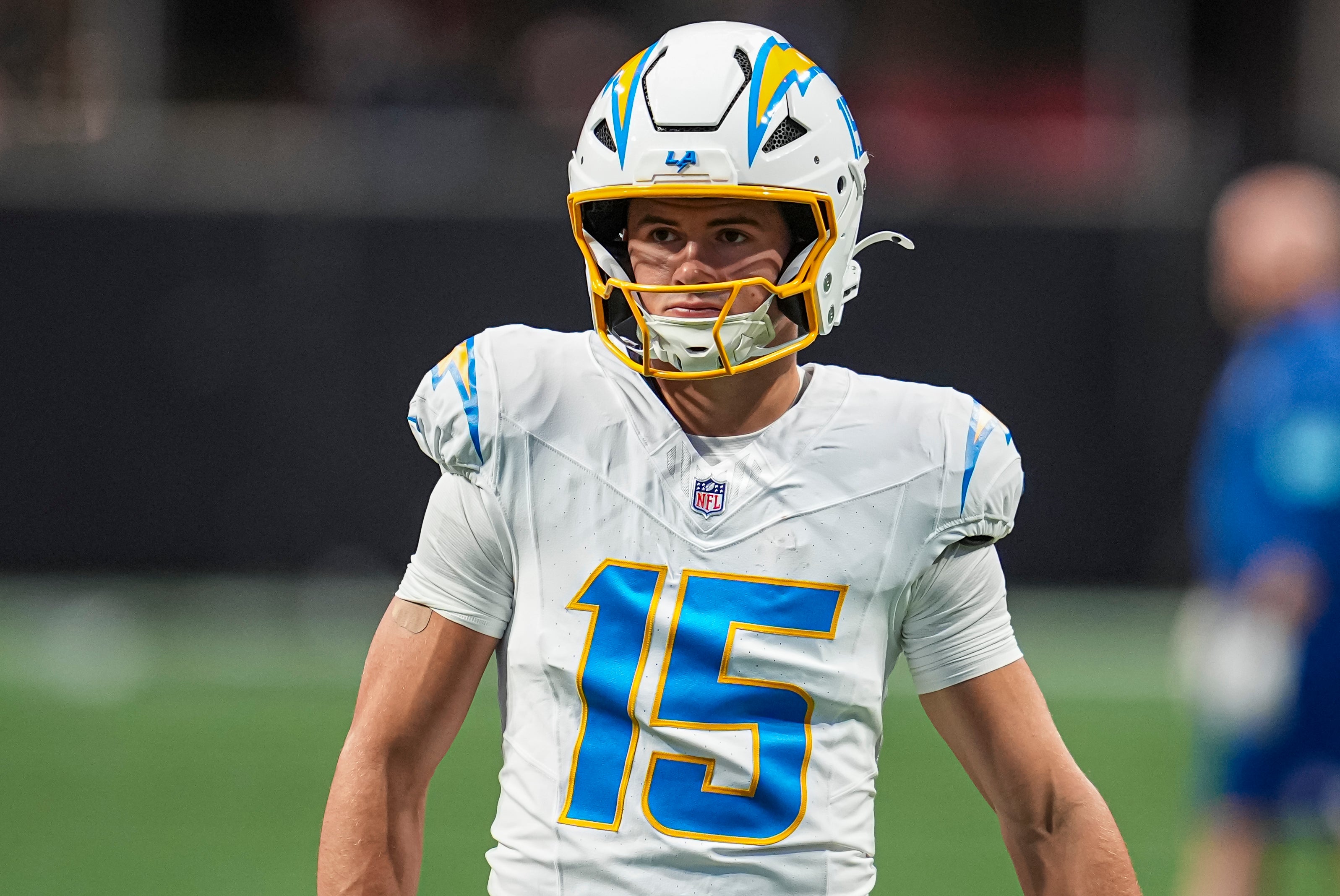 Los Angeles Chargers wide receiver Ladd McConkey (15) shown on the field before the game against the Atlanta Falcons at Mercedes-Benz Stadium.