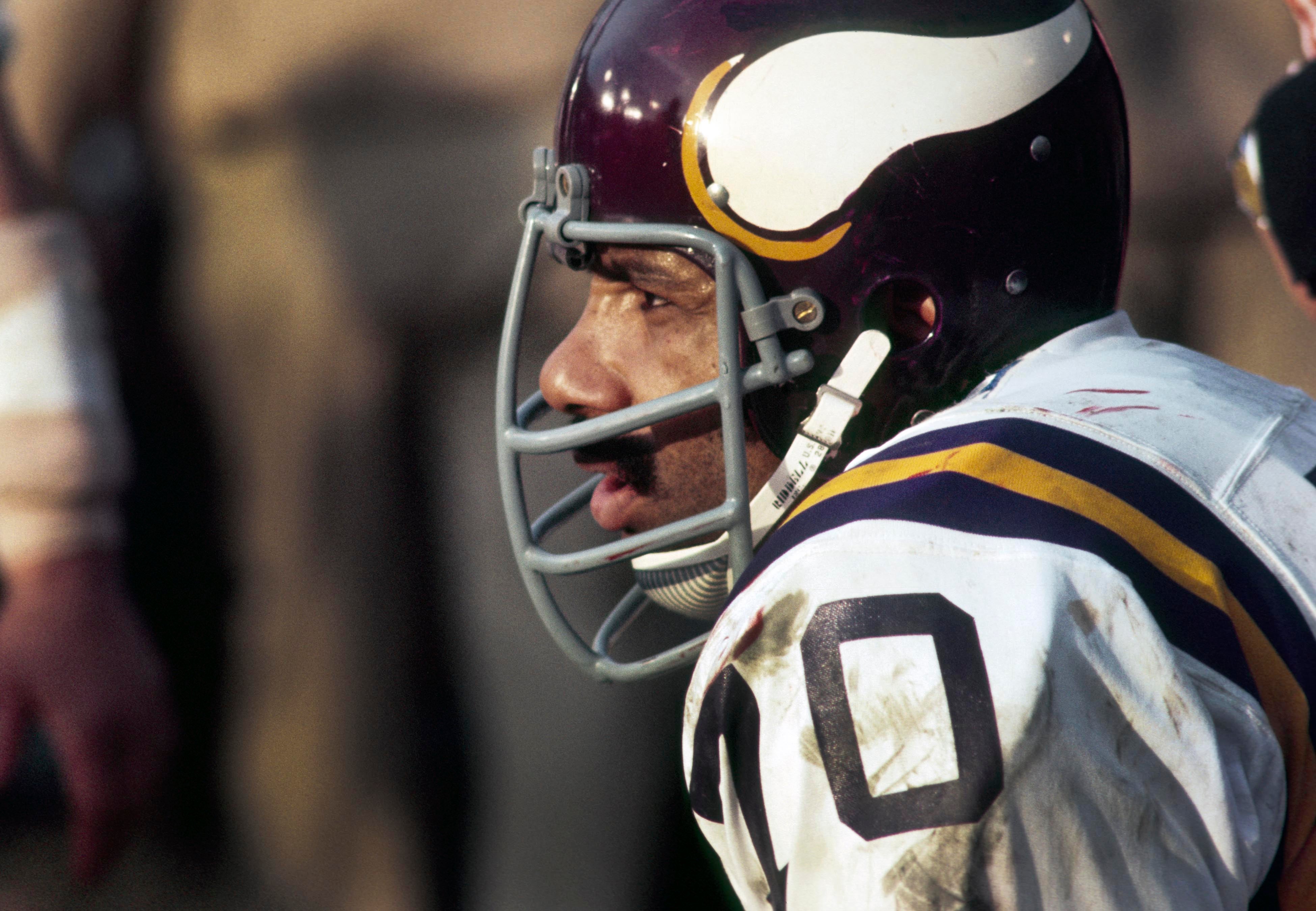 Jan 11, 1970; New Orleans, USA; FILE PHOTO; Minnesota Vikings defensive end Jim Marshall (70) on the sideline against the Kansas City Chiefs during Super Bowl IV at Tulane Stadium. The Chiefs defeated the Vikings 24-7.